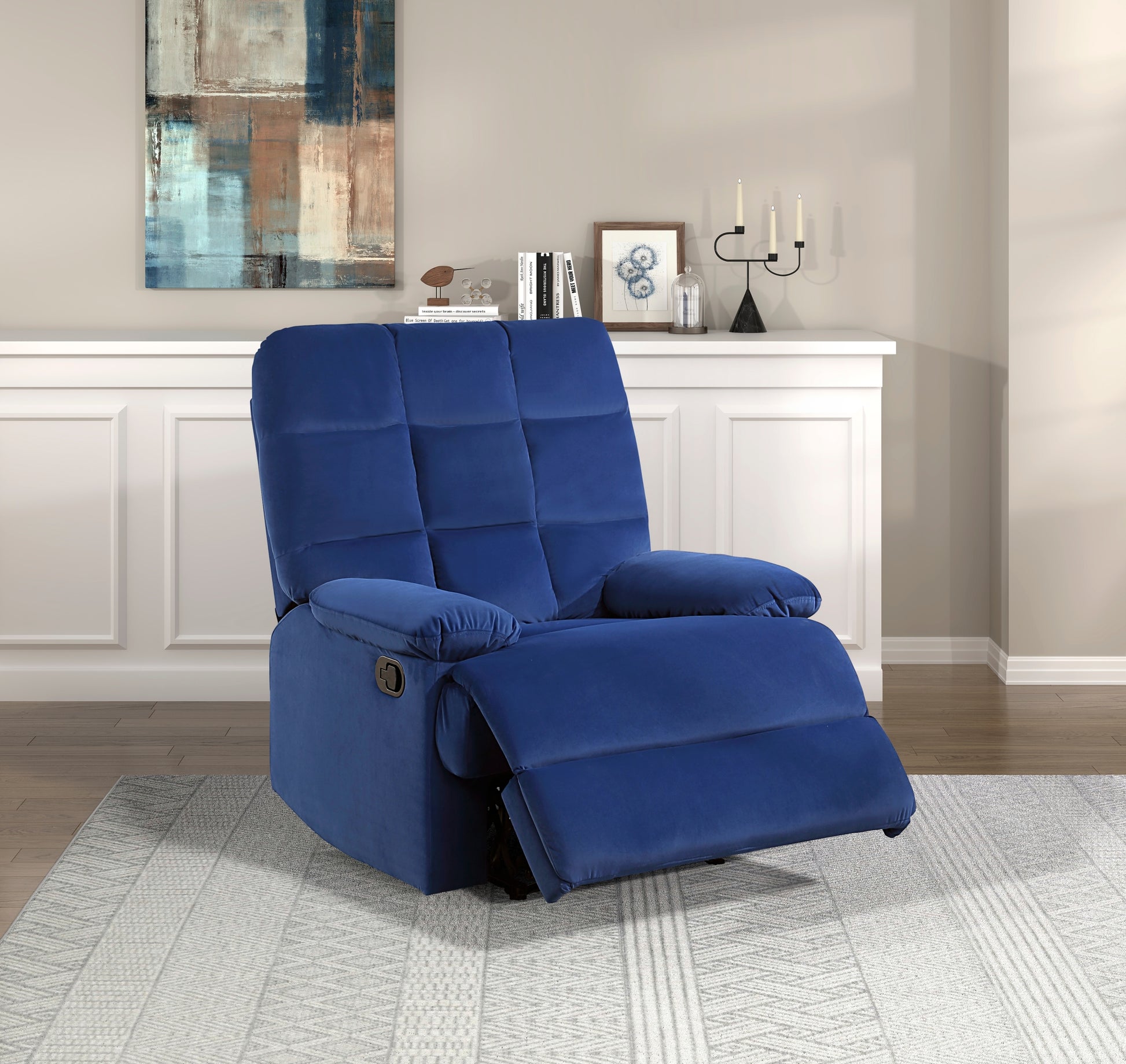 Reclining Chair Blue Velvet Upholstery Square Tufted Back Pillowtop Arms Solid Wood Furniture Modern Living Room Recliner 1Pc Blue Velvet Wood Primary Living Space Cushion Back Modern Pillow Top Arms Velvet