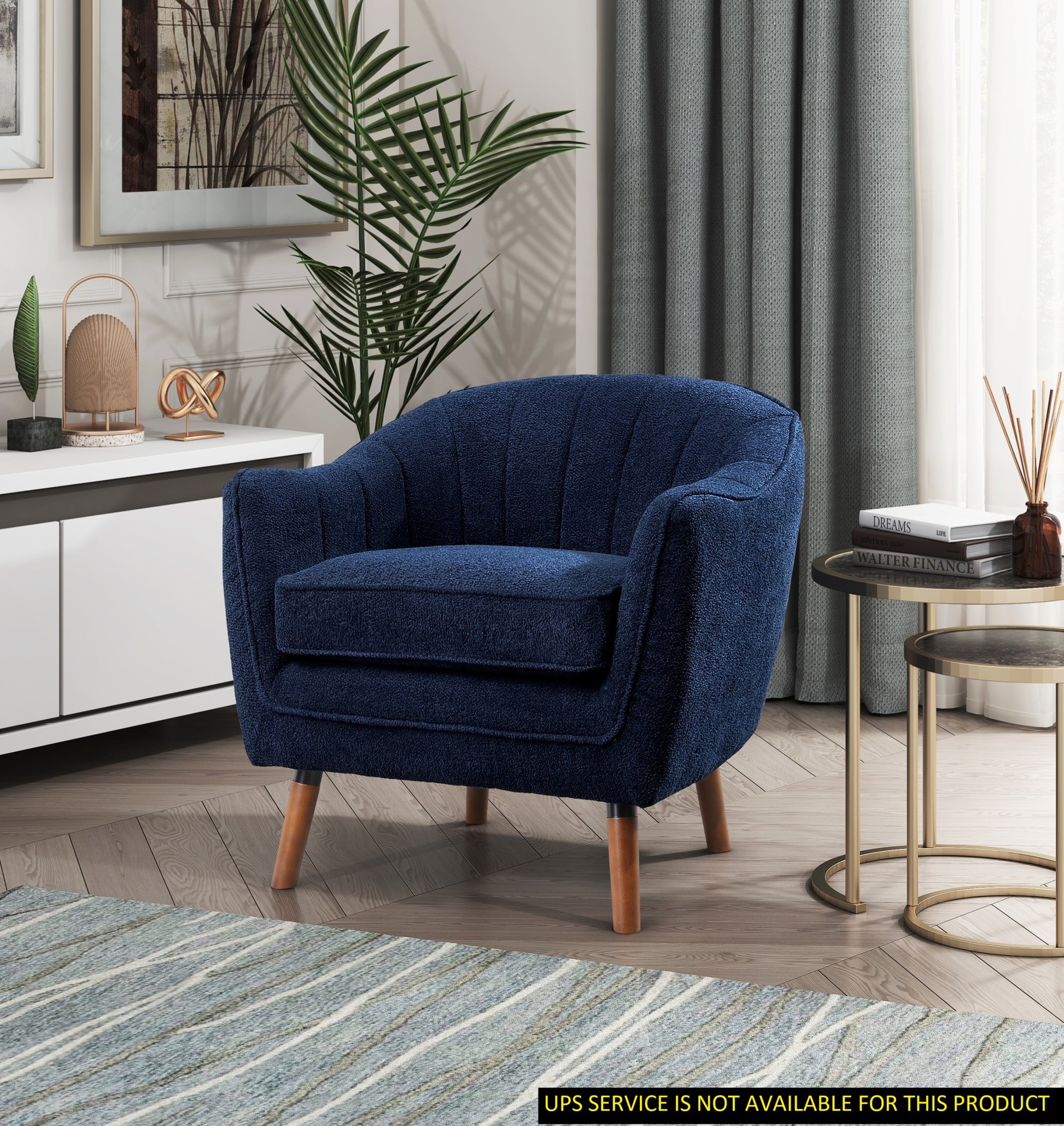 Mid Century Modern Accent Chair 1Pc Blue Chenille Fabric Upholstered Channel Stitched Back Brown Legs Solid Wood Furniture Blue Primary Living Space Mid Century Modern Solid Wood