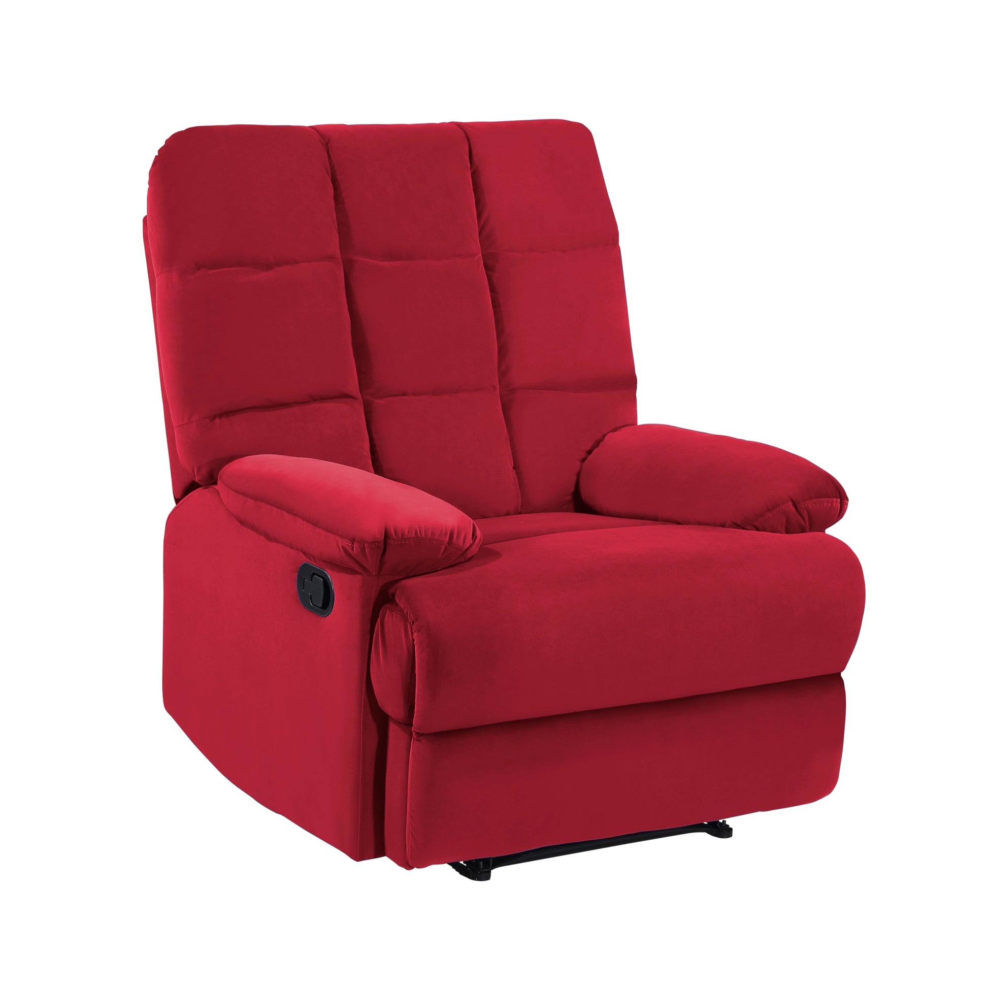 Reclining Chair Red Velvet Upholstery Square Tufted Back Pillowtop Arms Solid Wood Furniture Modern Living Room Recliner 1Pc Red Velvet Wood Primary Living Space Cushion Back Modern Pillow Top Arms Velvet