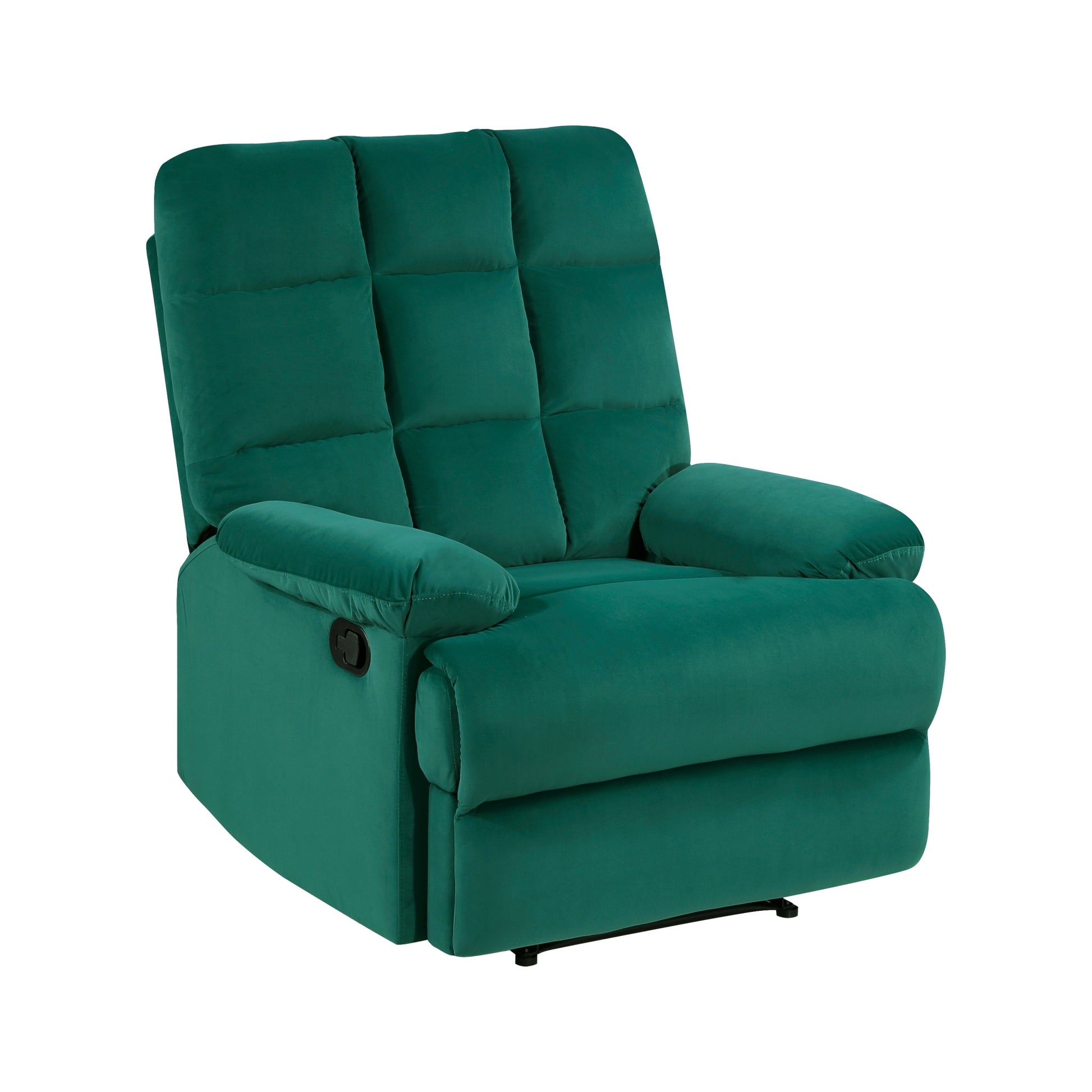 Reclining Chair Green Velvet Upholstery Square Tufted Back Pillowtop Arms Solid Wood Furniture Modern Living Room Recliner 1Pc Green Velvet Wood Primary Living Space Cushion Back Modern Pillow Top Arms Velvet