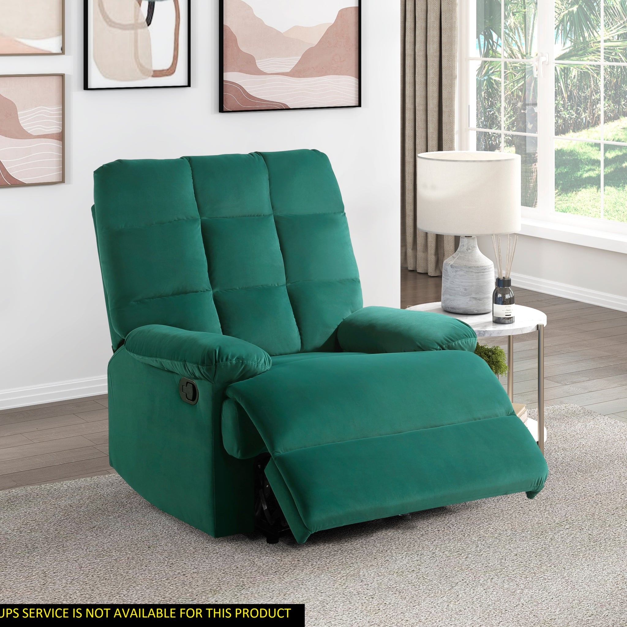 Reclining Chair Green Velvet Upholstery Square Tufted Back Pillowtop Arms Solid Wood Furniture Modern Living Room Recliner 1Pc Green Velvet Wood Primary Living Space Cushion Back Modern Pillow Top Arms Velvet