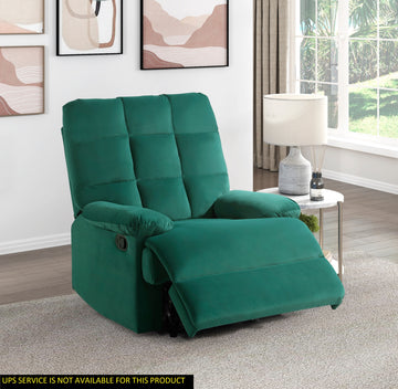 Reclining Chair Green Velvet Upholstery Square Tufted Back Pillowtop Arms Solid Wood Furniture Modern Living Room Recliner 1Pc Green Velvet Wood Primary Living Space Cushion Back Modern Pillow Top Arms Velvet