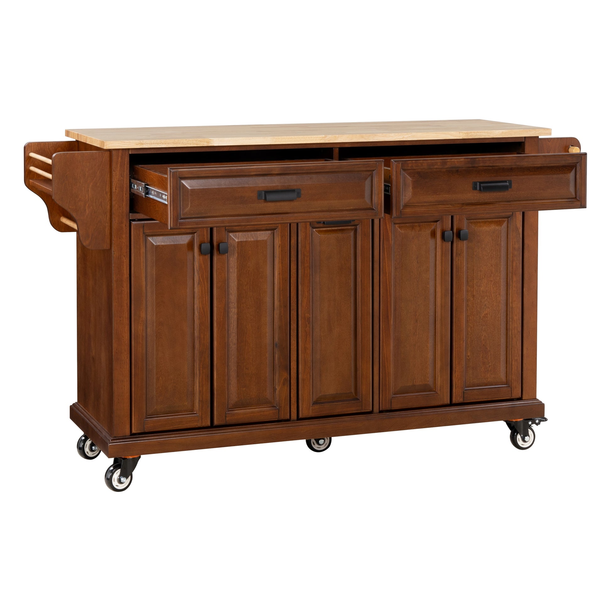 Kitchen Island With Rubber Wood Countertop, Kitchen Cart On 5 Wheels With Storage Cabinet And 2 Top Drawers And A Center Double Layered Storage Drawer For Dinning Room, Mahogany Mahogany Dining Room Rectangular Rubberwood Solid Wood Mdf Large 56 In