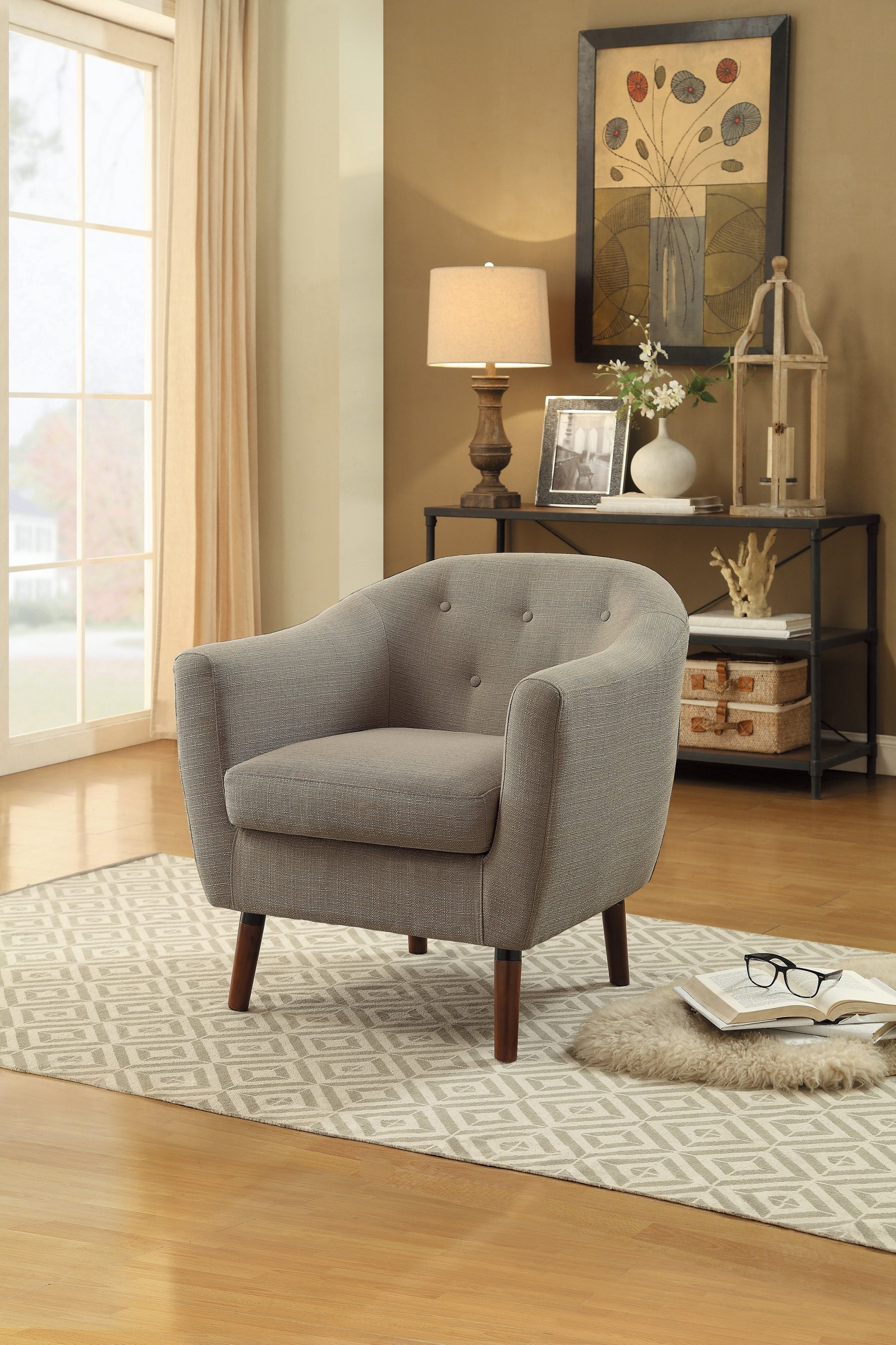 Beige Fabric Upholstered Accent Chair 1Pc Espresso Finish Legs Button Tufted Solid Wood Furniture Living Room Chair Beige Primary Living Space Mid Century Modern,Retro Solid Wood