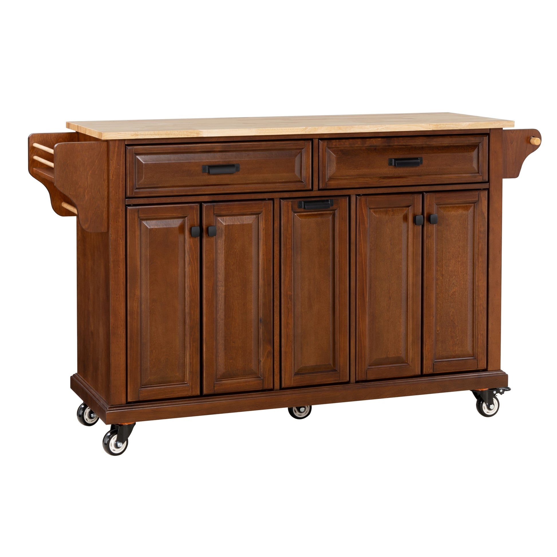 Kitchen Island With Rubber Wood Countertop, Kitchen Cart On 5 Wheels With Storage Cabinet And 2 Top Drawers And A Center Double Layered Storage Drawer For Dinning Room, Mahogany Mahogany Dining Room Rectangular Rubberwood Solid Wood Mdf Large 56 In