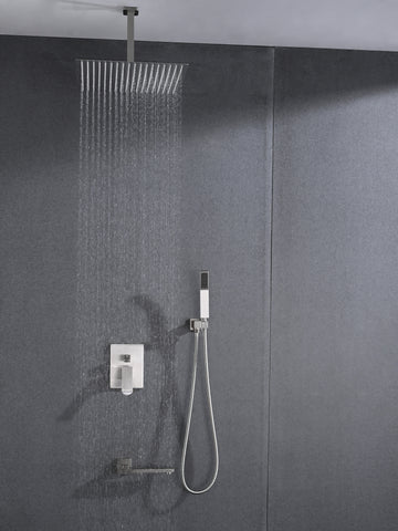 Ceiling Mounted Shower System Combo Set With Handheld And 16"Shower Head Brushed Nickel Bathroom Brass