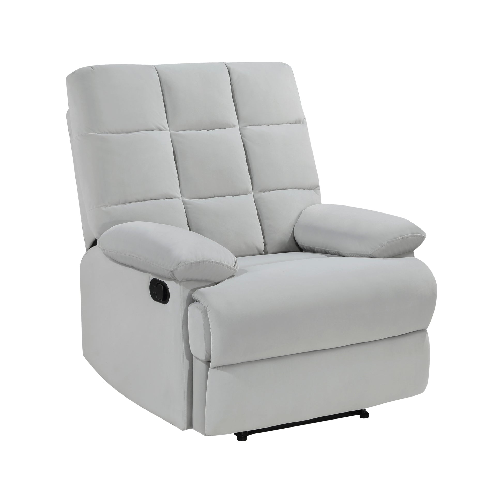 Reclining Chair Light Gray Velvet Upholstery Square Tufted Back Pillowtop Arms Solid Wood Furniture Modern Living Room Recliner 1Pc Light Gray Velvet Wood Primary Living Space Cushion Back Modern Pillow Top Arms Velvet