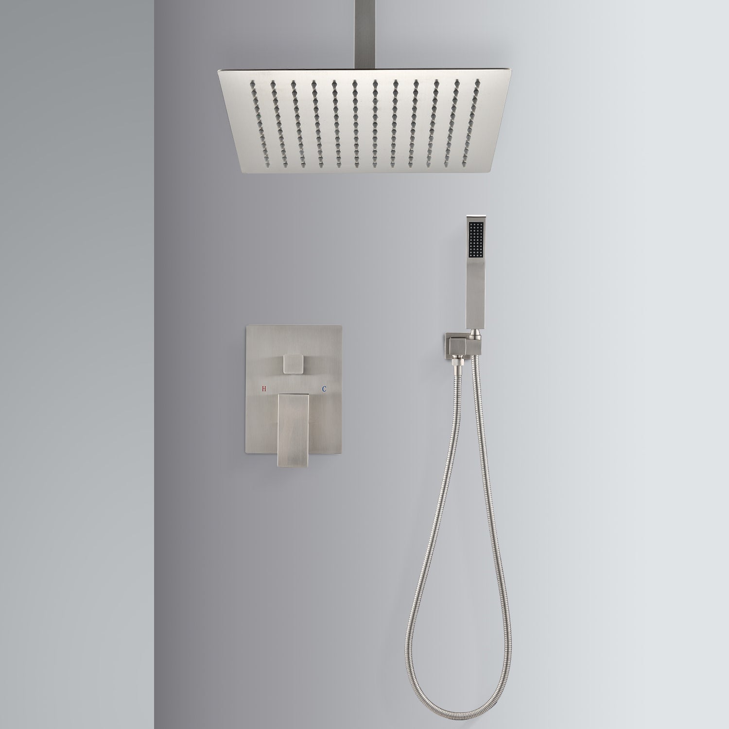 Ceiling Mounted Shower System Combo Set With Handheld And 10"Shower Head Brushed Nickel Bathroom Brass