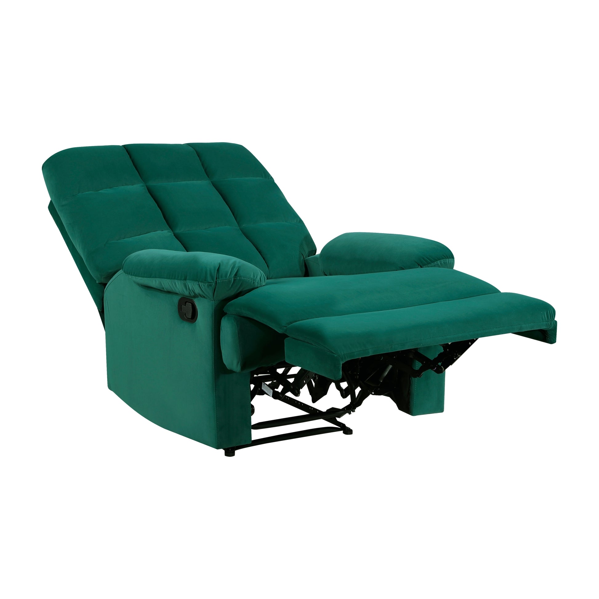 Reclining Chair Green Velvet Upholstery Square Tufted Back Pillowtop Arms Solid Wood Furniture Modern Living Room Recliner 1Pc Green Velvet Wood Primary Living Space Cushion Back Modern Pillow Top Arms Velvet