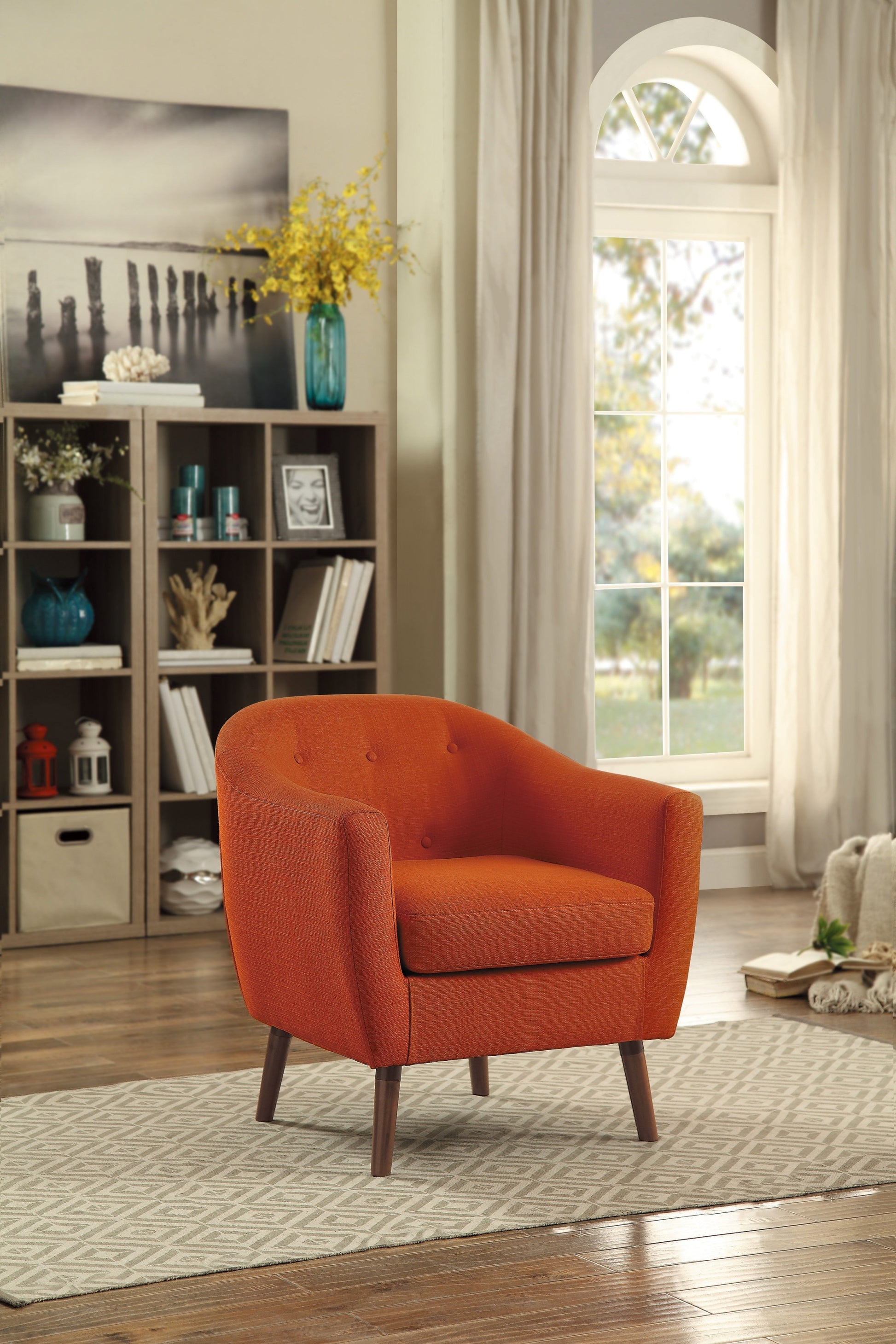 Orange Fabric Upholstered Accent Chair 1Pc Espresso Finish Legs Button Tufted Solid Wood Furniture Living Room Chair Orange Primary Living Space Mid Century Modern,Retro Solid Wood