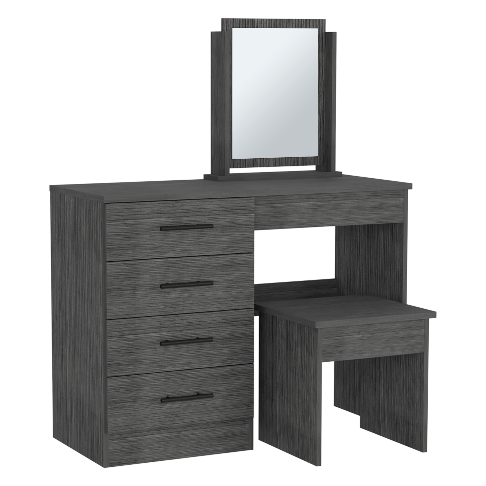 Kaia Makeup Vanity, Four Drawers, One Mirror, Stool Smokey Oak Gray Particle Board Particle Board