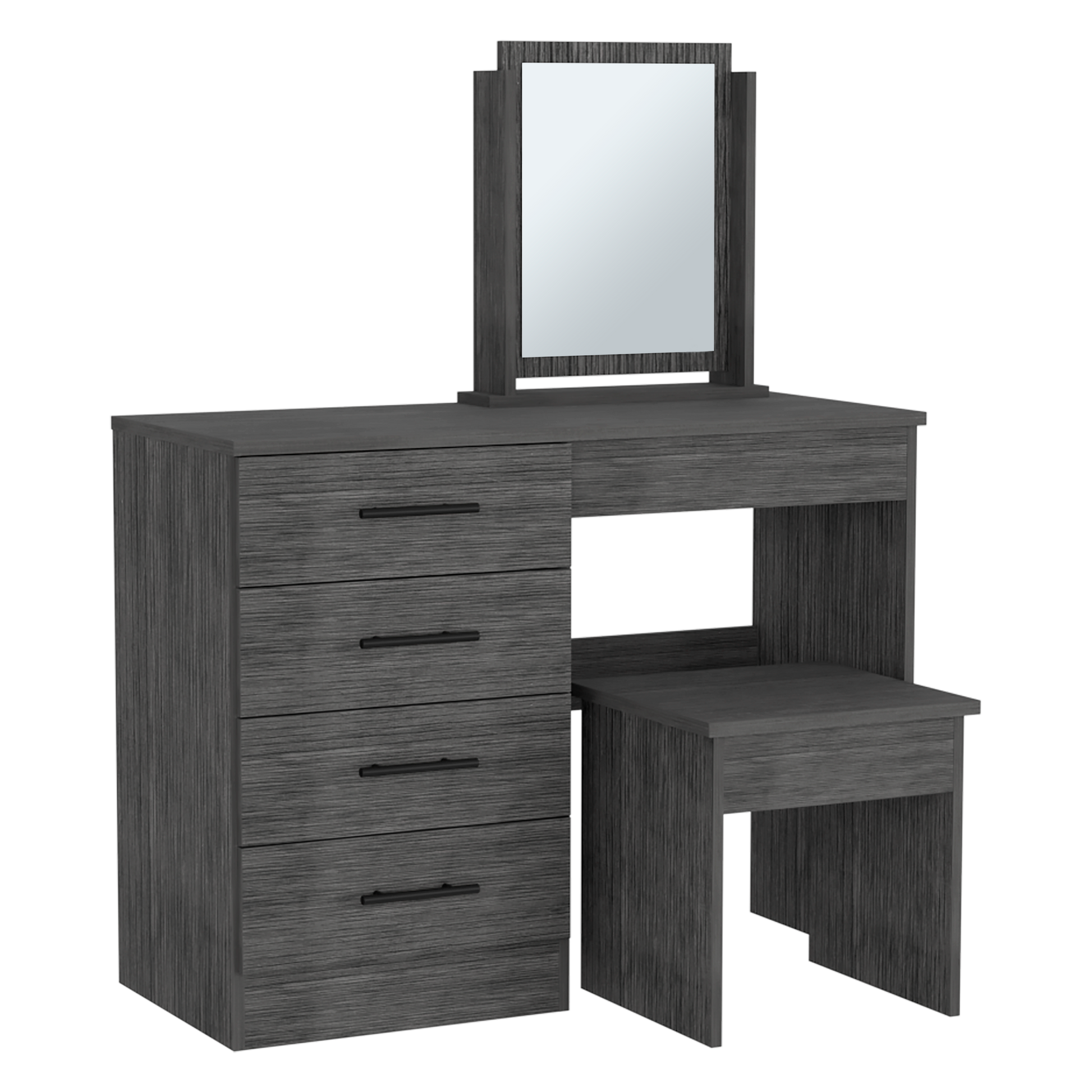 Kaia Makeup Vanity, Four Drawers, One Mirror, Stool Smokey Oak Gray 4 Drawers Bedroom Shelf Modern Particle Board Particle Board