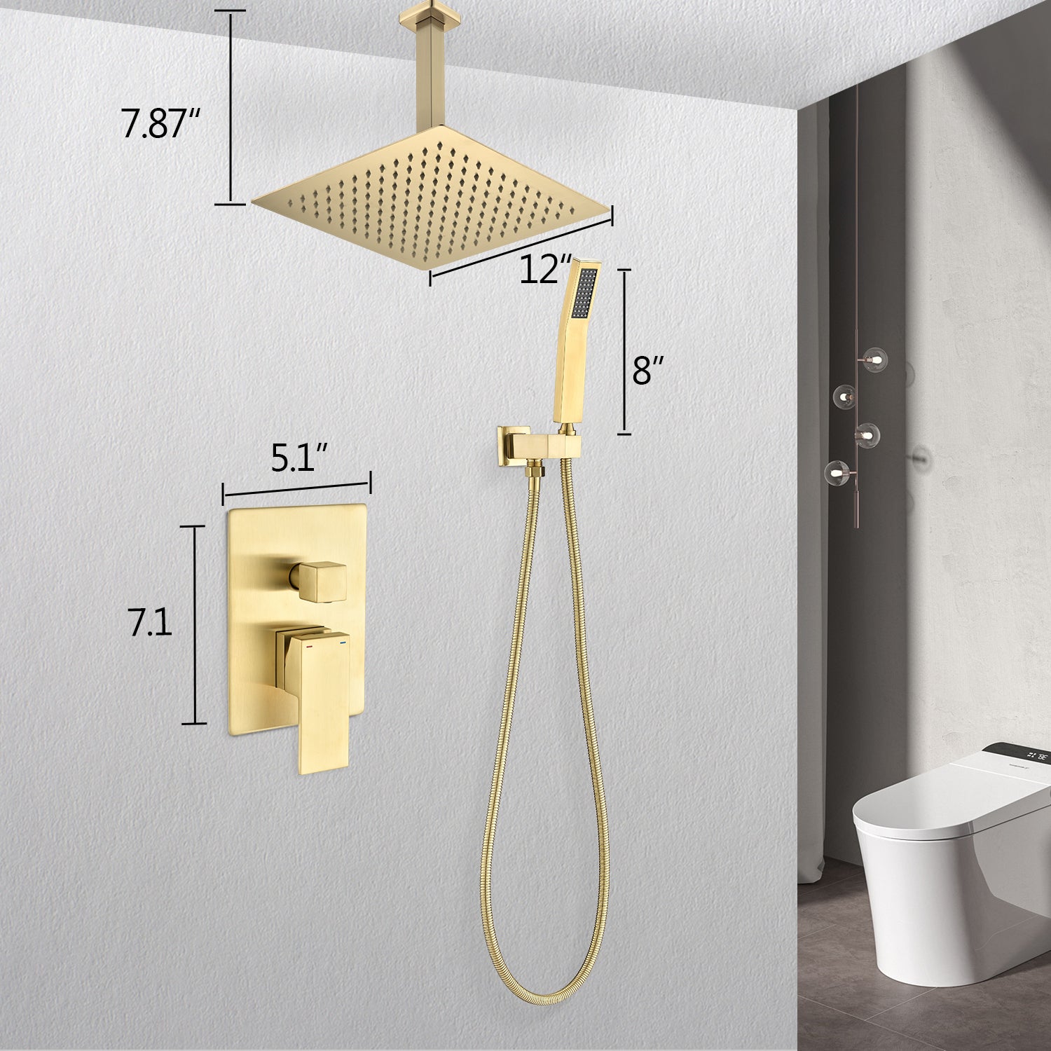 Ceiling Mounted Shower System Combo Set With Handheld And 12"Shower Head Gold Bathroom Brass