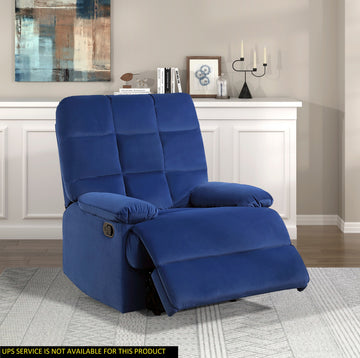 Reclining Chair Blue Velvet Upholstery Square Tufted Back Pillowtop Arms Solid Wood Furniture Modern Living Room Recliner 1Pc Blue Velvet Wood Primary Living Space Cushion Back Modern Pillow Top Arms Velvet