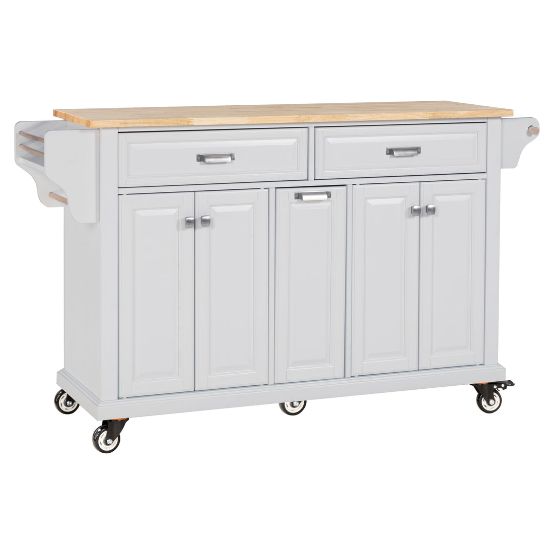 Kitchen Island With Rubber Wood Countertop, Kitchen Cart On 5 Wheels With Storage Cabinet And 2 Top Drawers And A Center Double Layered Storage Drawer For Dinning Room, White White Dining Room Rectangular Rubberwood Solid Wood Mdf Large 56 In