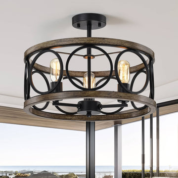 Flush Mount Ceiling Light Fixture Ceiling Mount,3 Light 17.72" Matte Black Drum Chandelier Farmhouse Chandelier Modern Pendant Light Fixtures For Kitchen Lighting Fixture Matte Black American Design,Luxury,Modern,Vintage Metal