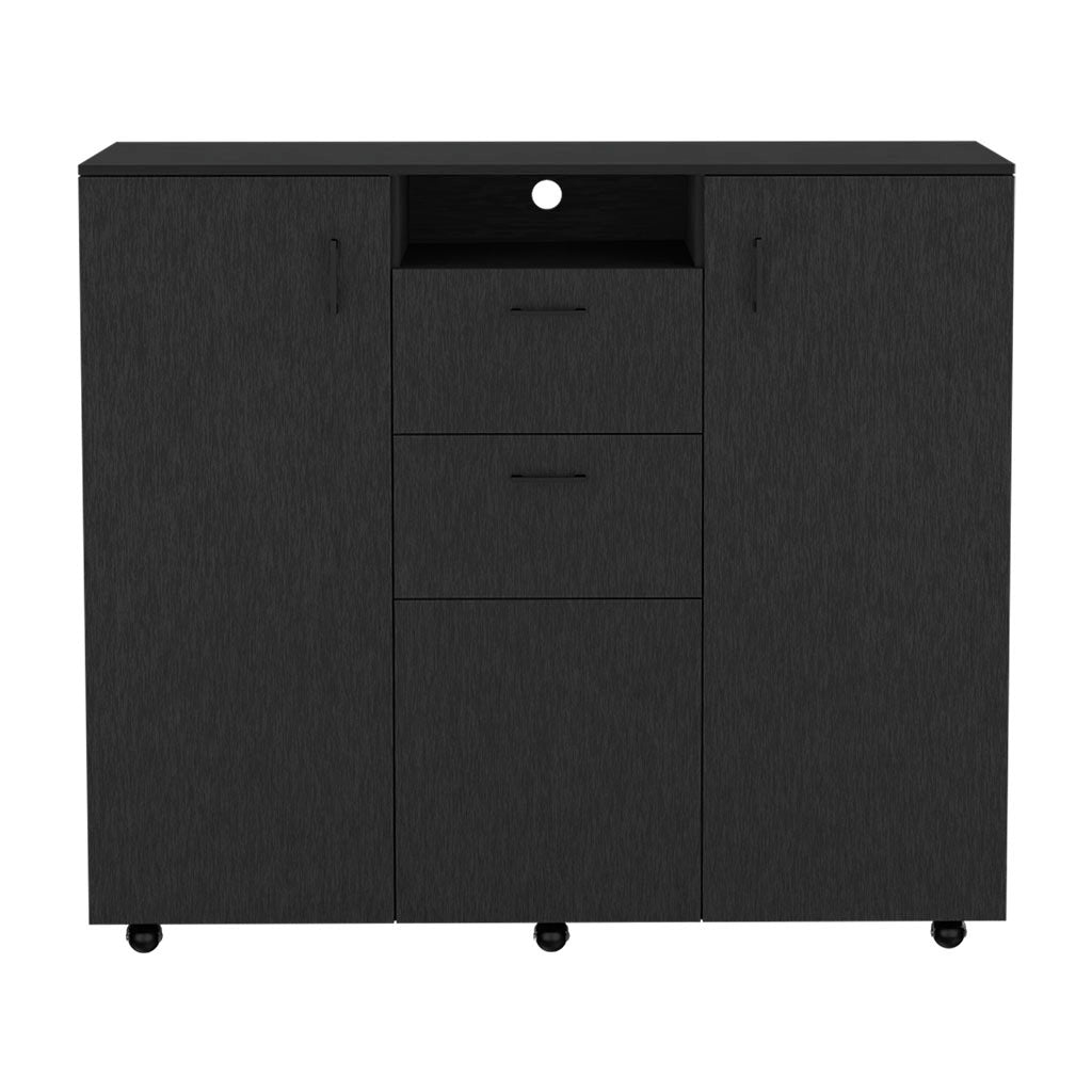 Letna Double Door Cabinet Dresser, Two Drawers, Four Interior Shelves, Three Cabinets With Door, Rod Black Black Particle Board Particle Board