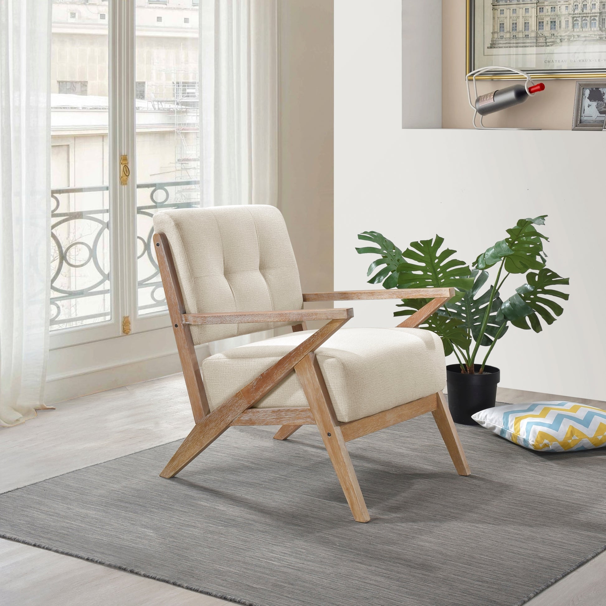 Modern Tufted Back Accent Chair 1Pc Sand Hued Fabric Upholstery Antique Finish Solid Rubberwood Unique Design Furniture Sand Primary Living Space Modern,Rustic Rubberwood Solid Wood