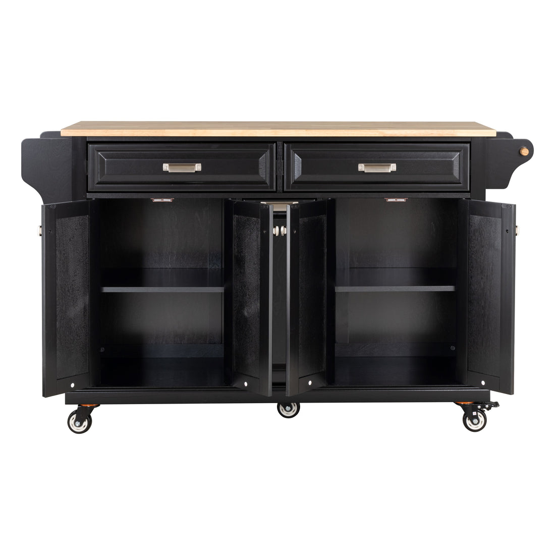 Kitchen Island With Rubber Wood Countertop, Kitchen Cart On 5 Wheels With Storage Cabinet And 2 Top Drawers And A Center Double Layered Storage Drawer For Dinning Room, Black Black Dining Room Rectangular Rubberwood Solid Wood Mdf Large 56 In