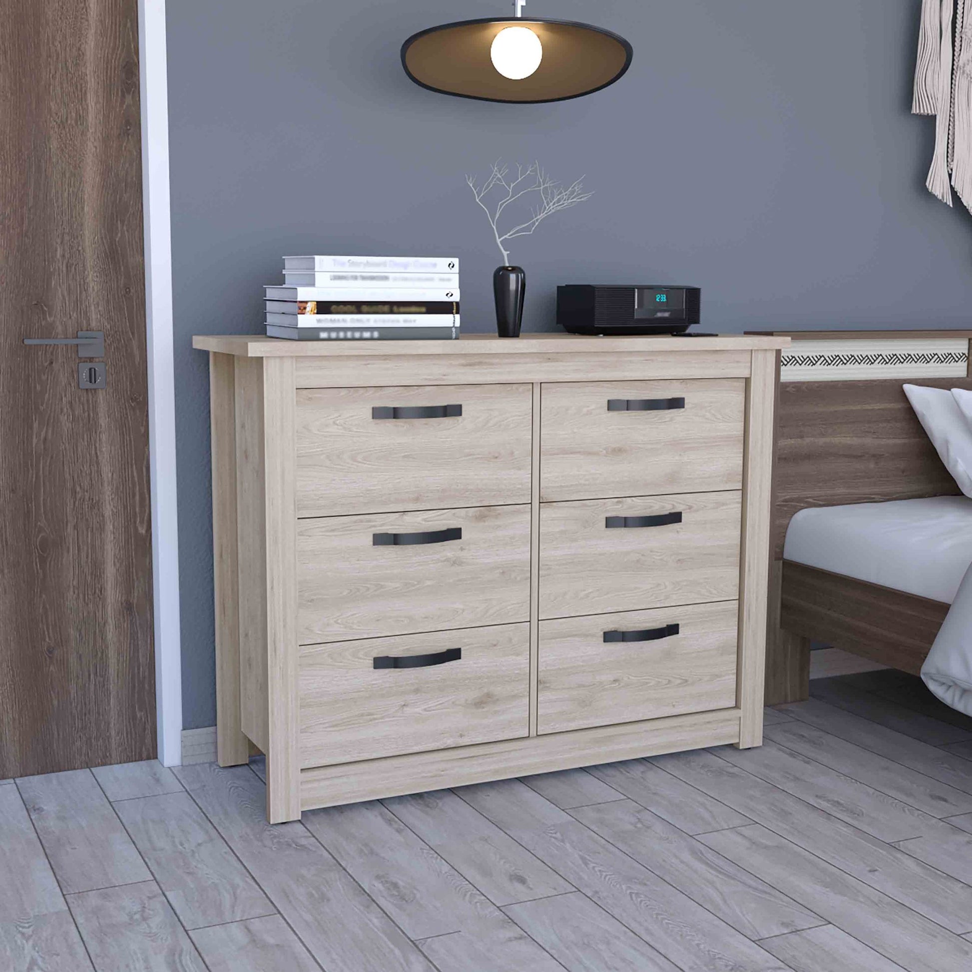 Becca 6 Drawer Double Dresserfour Legs, Metal Hardware Light Gray Gray Drawer 5 Drawers & Above Bedroom Shelf Modern Particle Board Particle Board