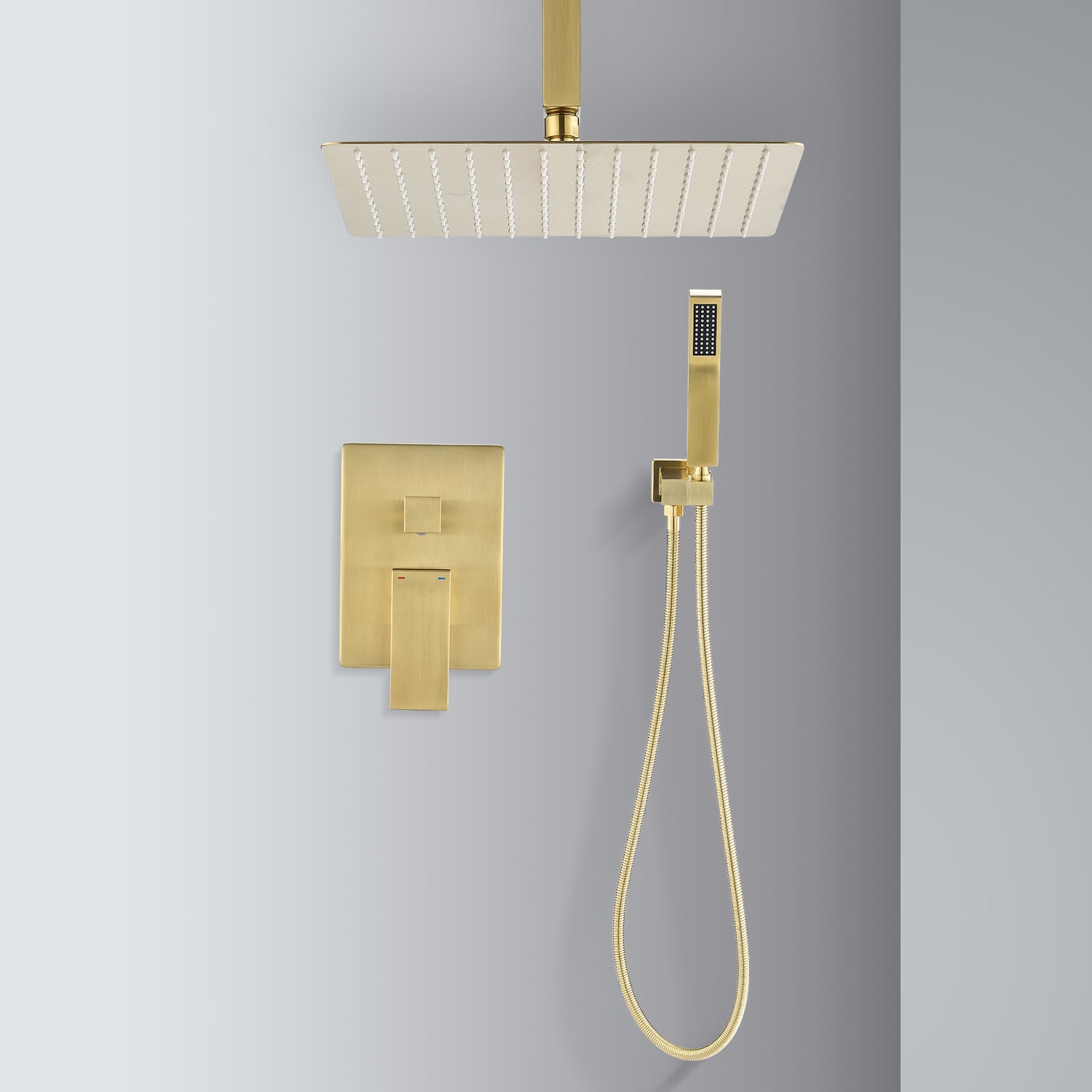 Ceiling Mounted Shower System Combo Set With Handheld And 16"Shower Head Brushed Gold Bathroom Brass