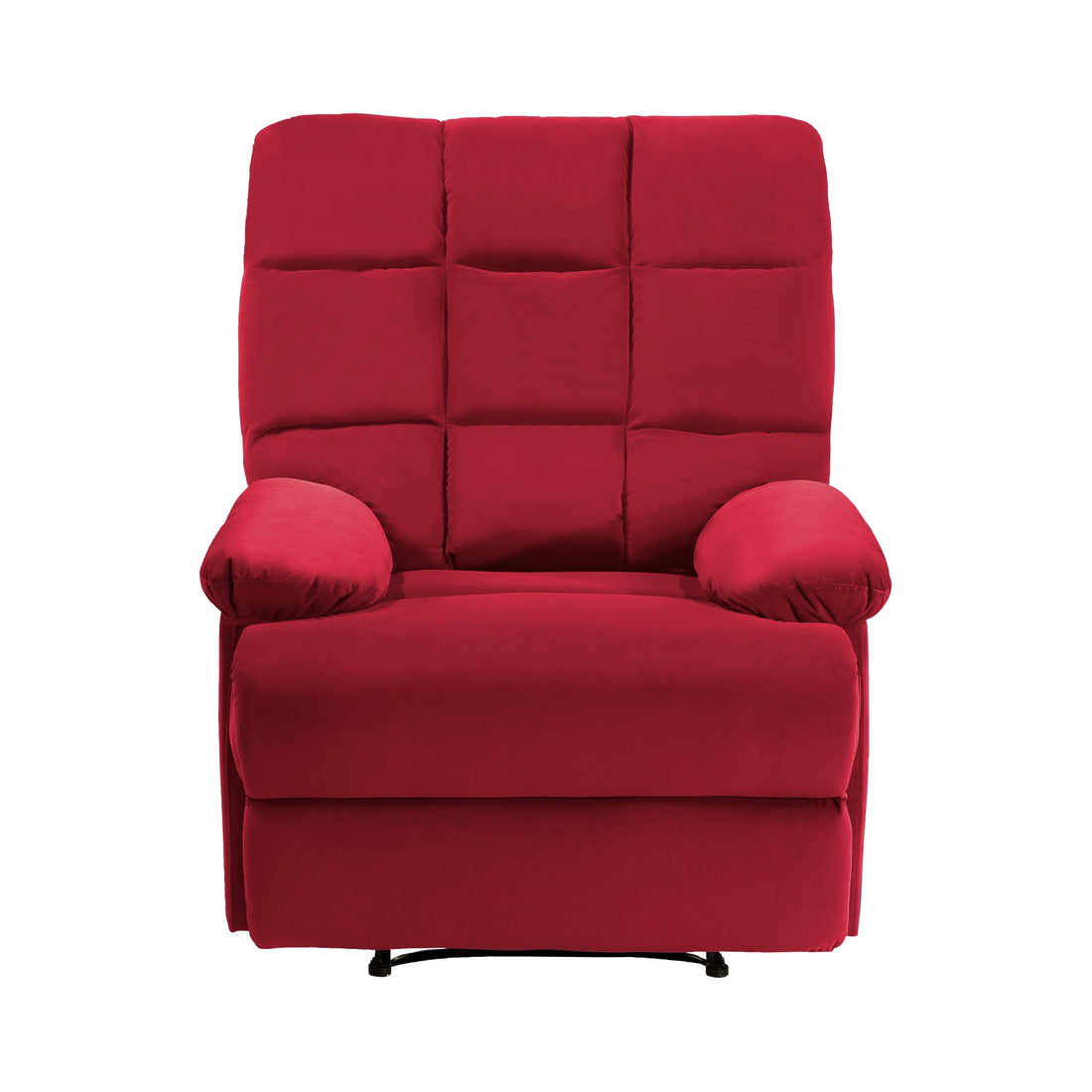 Reclining Chair Red Velvet Upholstery Square Tufted Back Pillowtop Arms Solid Wood Furniture Modern Living Room Recliner 1Pc Red Velvet Wood Primary Living Space Cushion Back Modern Pillow Top Arms Velvet