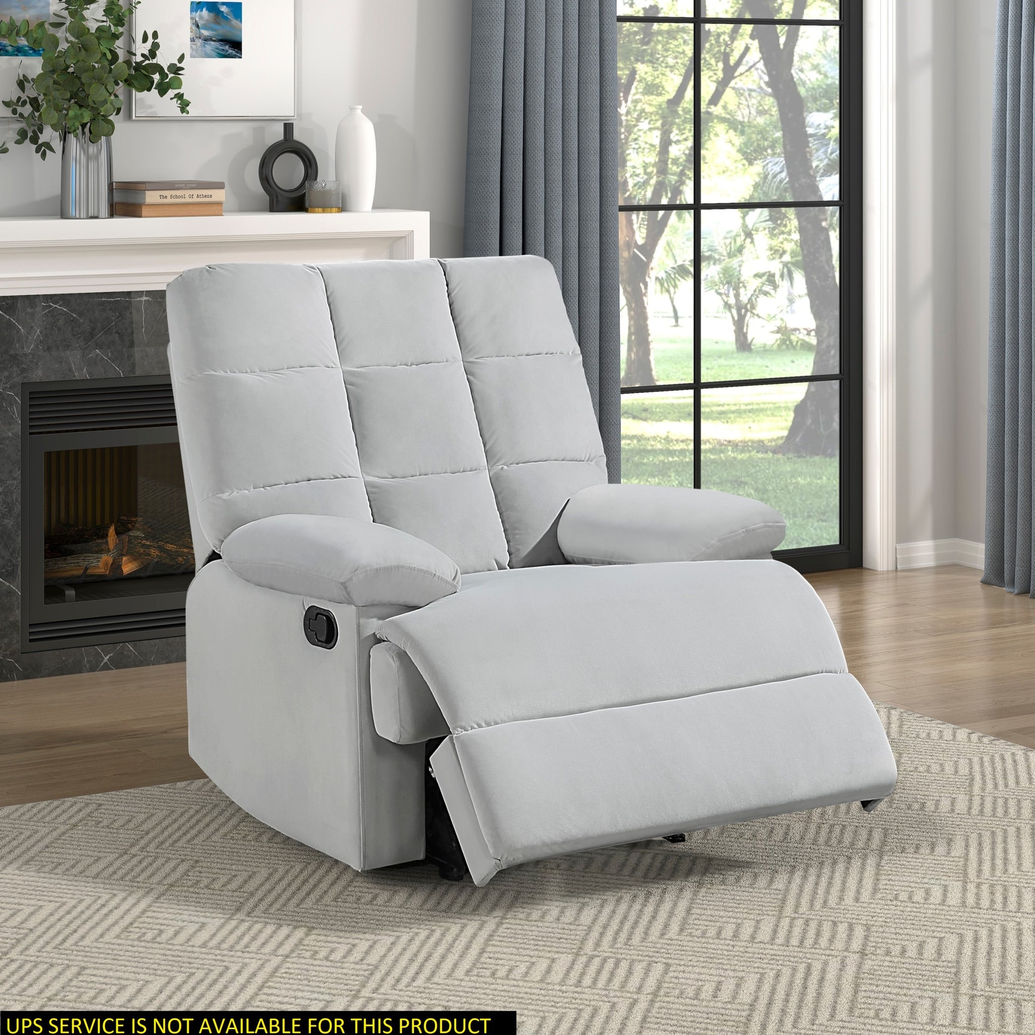 Reclining Chair Light Gray Velvet Upholstery Square Tufted Back Pillowtop Arms Solid Wood Furniture Modern Living Room Recliner 1Pc Light Gray Velvet Wood Primary Living Space Cushion Back Modern Pillow Top Arms Velvet