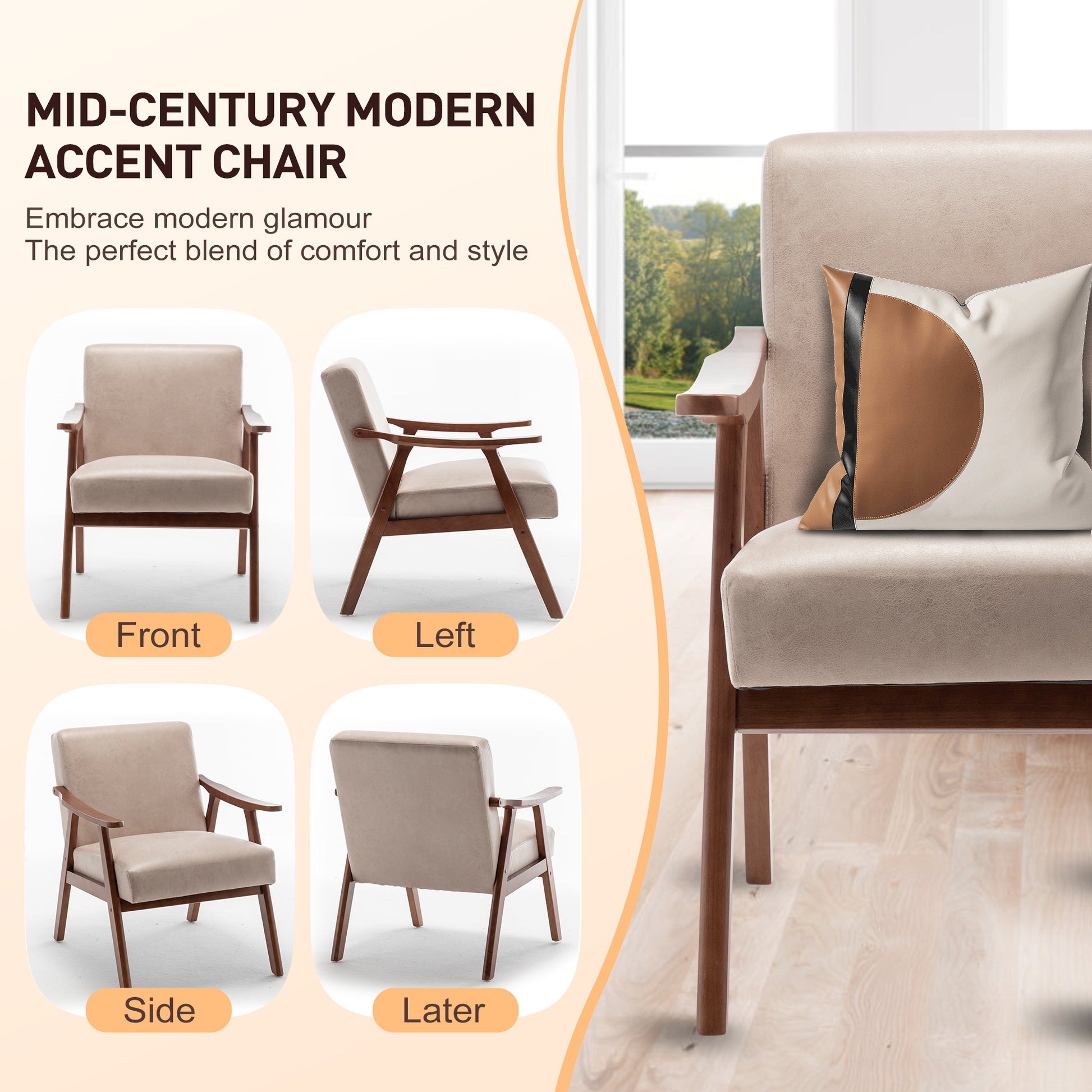 Mid Century Modern Chair, Living Room Chair With Solid Wood Frame, Accent Chair Extra Thick Backrest, Wingback Chair For Bedroom, Reading Room, Living Room, Lounge Chair Indoor Light Camel Primary Living Space Mid Century Modern Foam Fabric