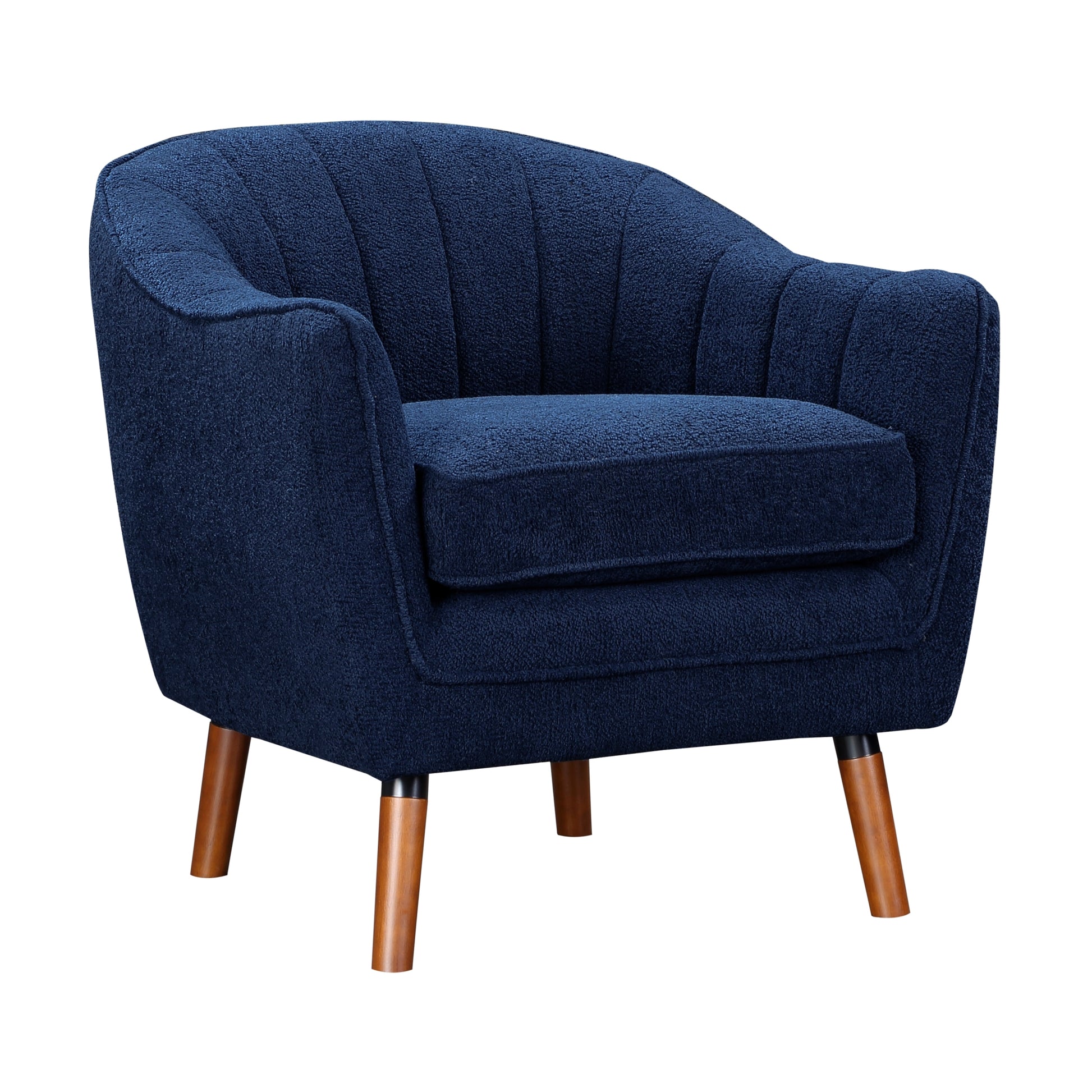 Mid Century Modern Accent Chair 1Pc Blue Chenille Fabric Upholstered Channel Stitched Back Brown Legs Solid Wood Furniture Blue Primary Living Space Mid Century Modern Solid Wood