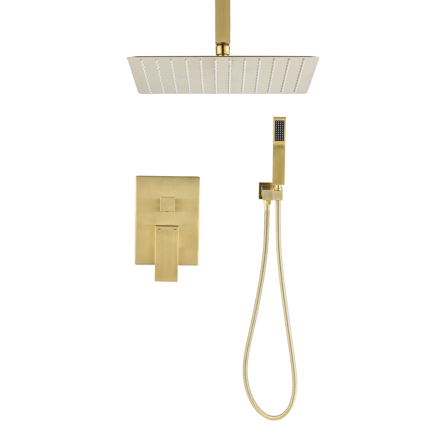 Ceiling Mounted Shower System Combo Set With Handheld And 16"Shower Head Brushed Gold Bathroom Brass