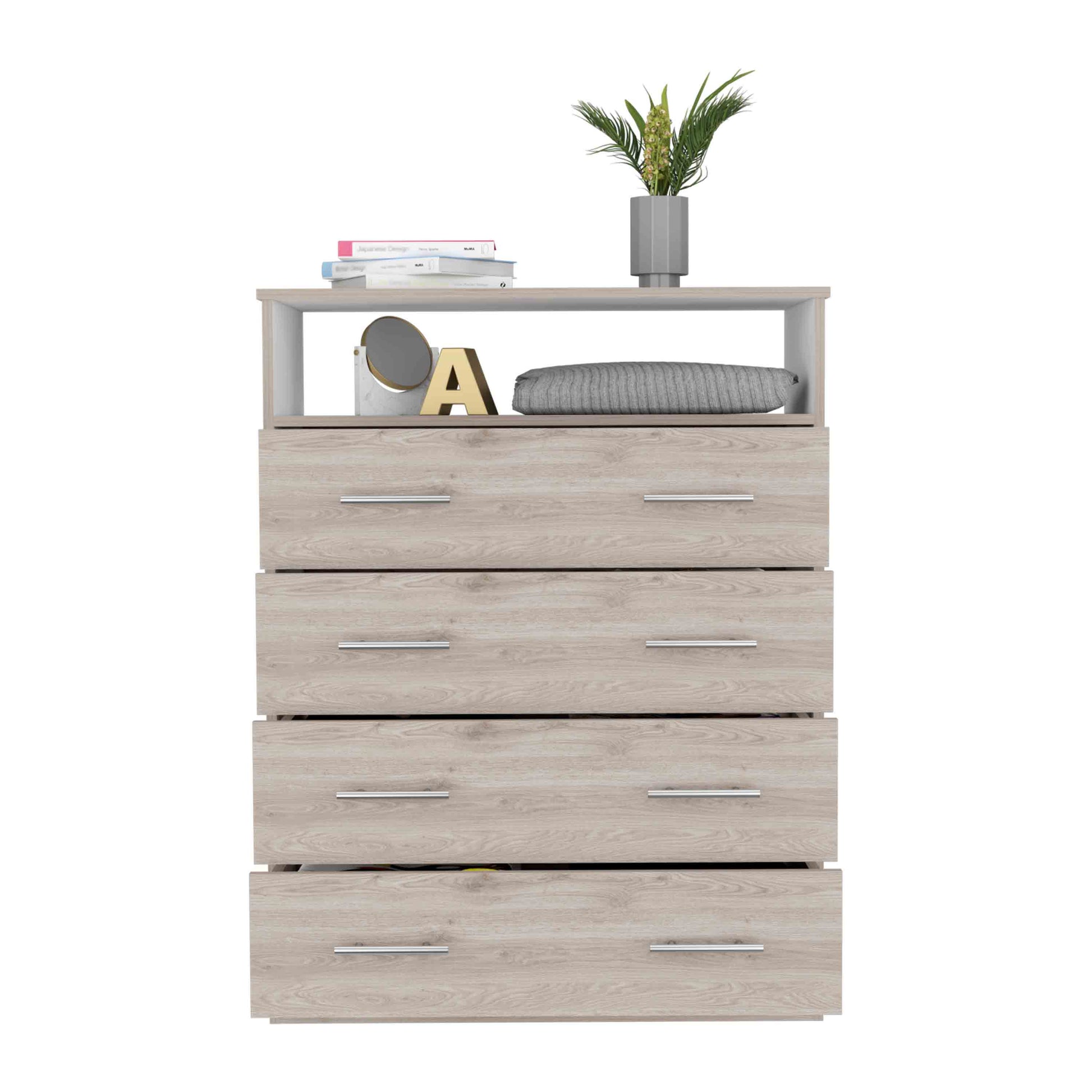 Peru L Four Drawer Dresser, Superior Top, One Open Shelf Light Gray White Gray Bedroom Modern Particle Board Particle Board