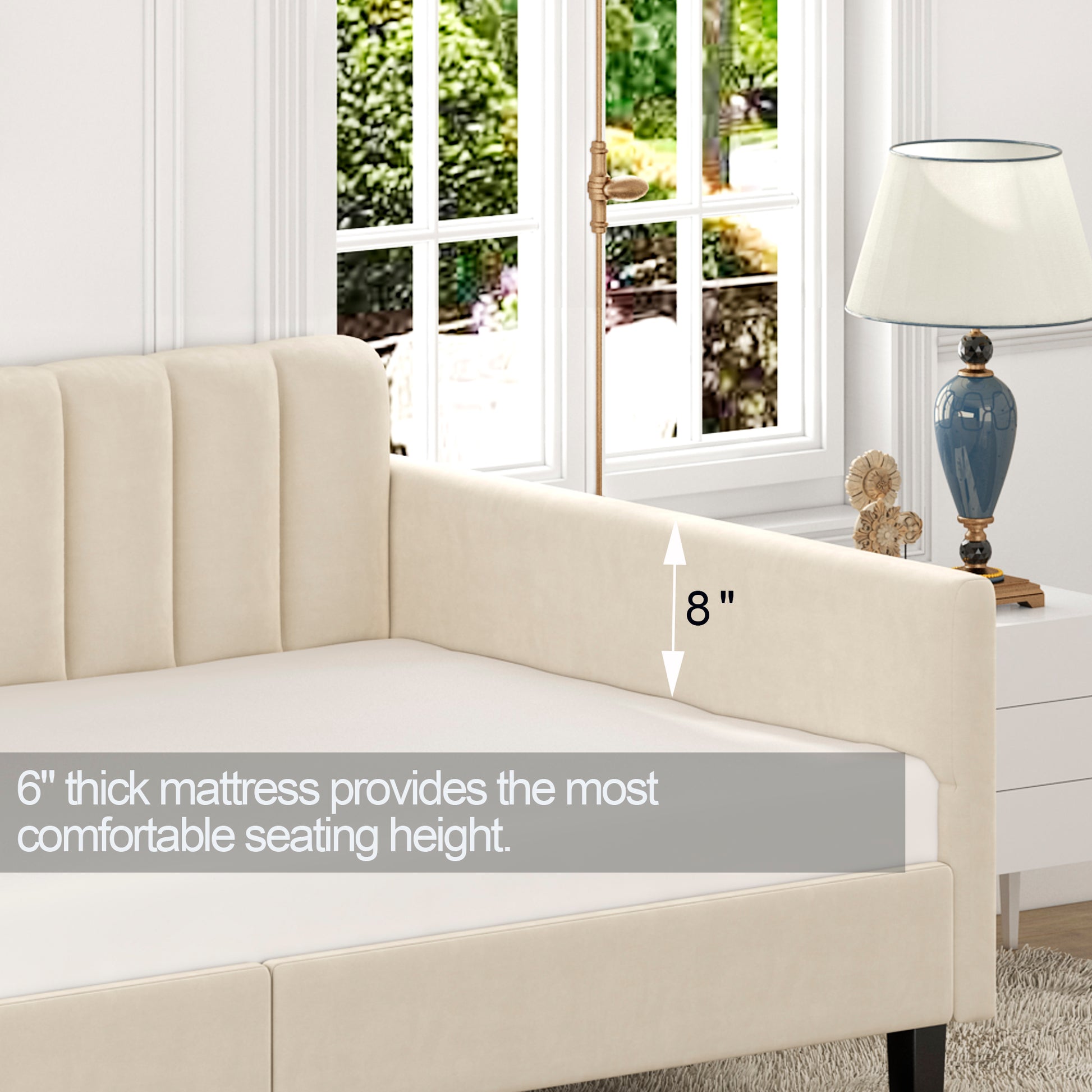 Same As B083121461 Elena Twin Size Beige Velvet Upholstered Daybed, Ribbed Tufted Backrest, Daybed In Lavish Modern Design, Richly Hued Foam Comfort Box Spring Not Required Twin Ivory Metal Bedroom Daybeds Velvet Velvet Upholstered