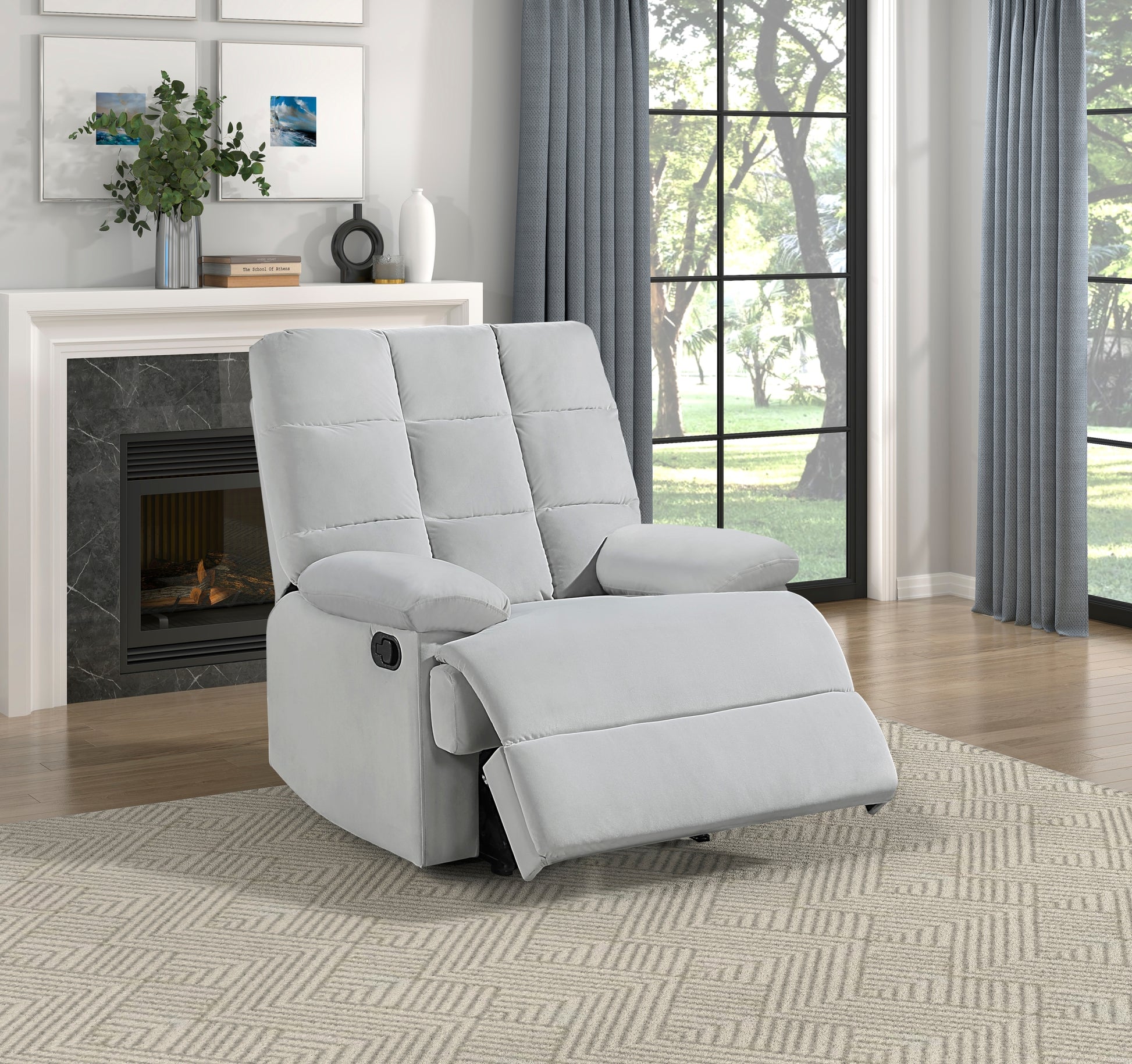 Reclining Chair Light Gray Velvet Upholstery Square Tufted Back Pillowtop Arms Solid Wood Furniture Modern Living Room Recliner 1Pc Light Gray Velvet Wood Primary Living Space Cushion Back Modern Pillow Top Arms Velvet