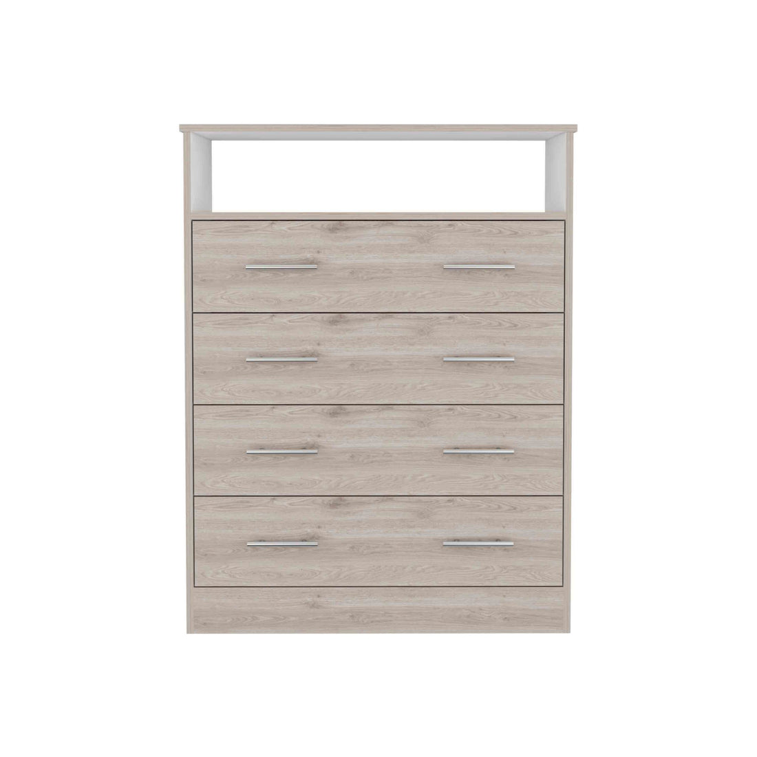 Peru L Four Drawer Dresser, Superior Top, One Open Shelf Light Gray White Gray Drawer 4 Drawers Bedroom Shelf Modern Particle Board Particle Board