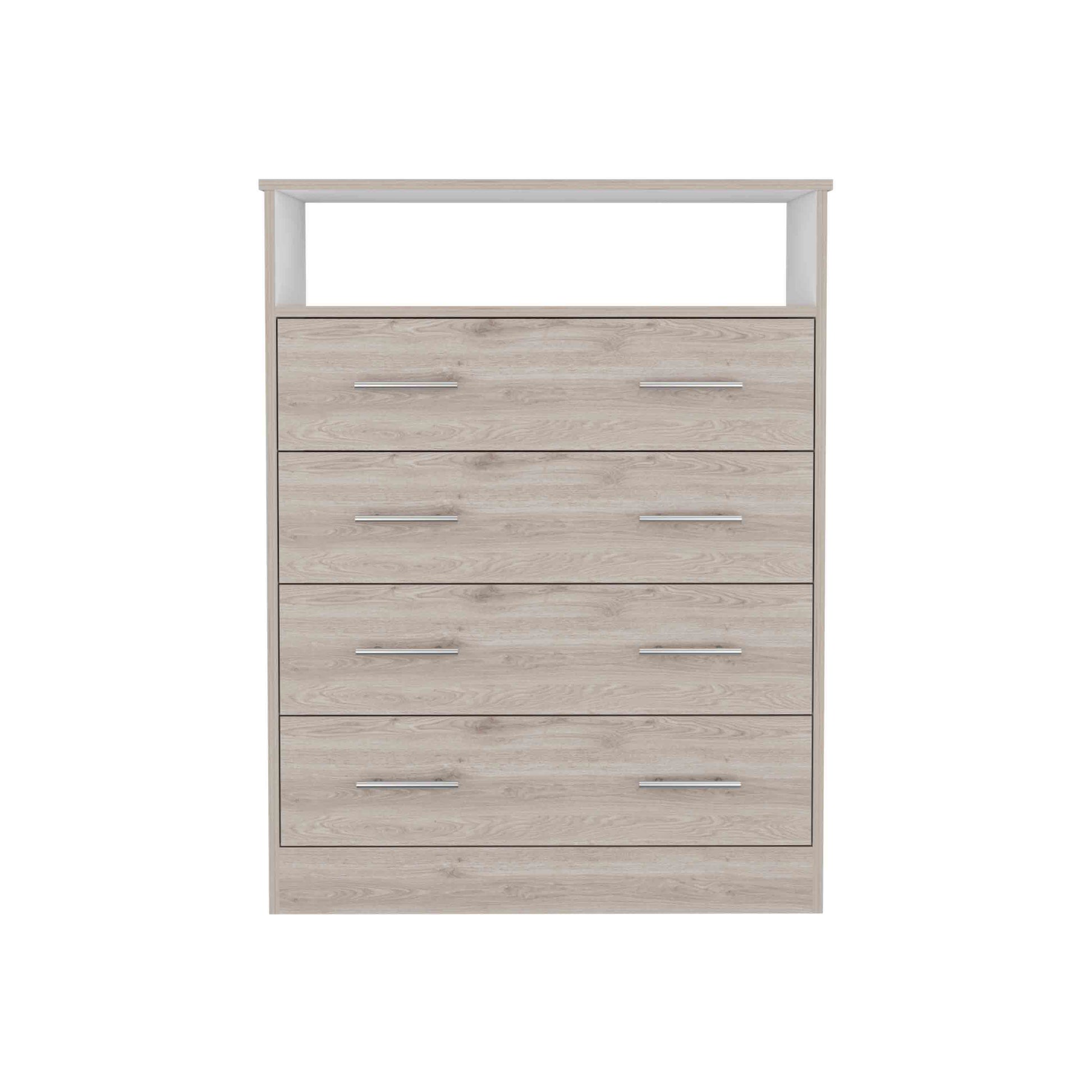 Peru L Four Drawer Dresser, Superior Top, One Open Shelf Light Gray White Gray Bedroom Modern Particle Board Particle Board