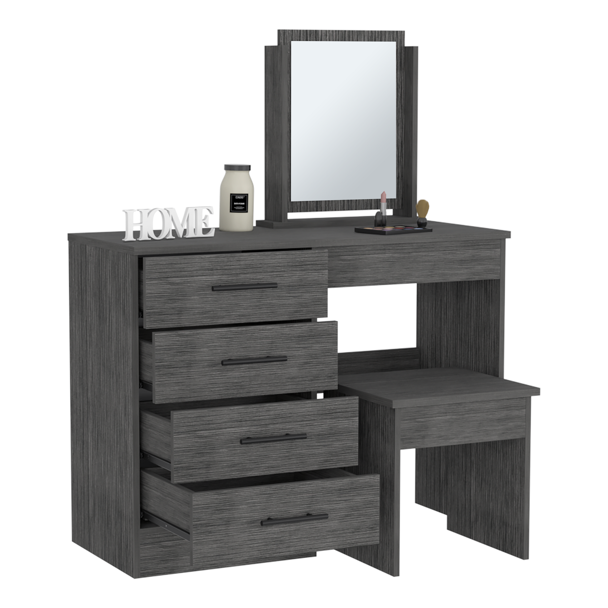 Kaia Makeup Vanity, Four Drawers, One Mirror, Stool Smokey Oak Gray Particle Board Particle Board