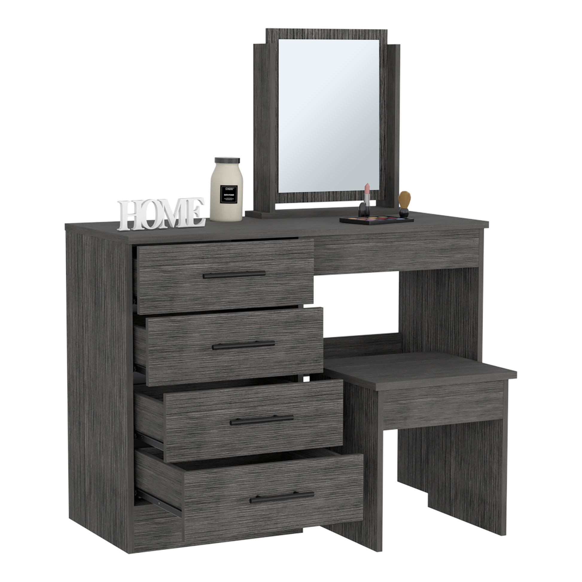 Kaia Makeup Vanity, Four Drawers, One Mirror, Stool Smokey Oak Gray 4 Drawers Bedroom Shelf Modern Particle Board Particle Board