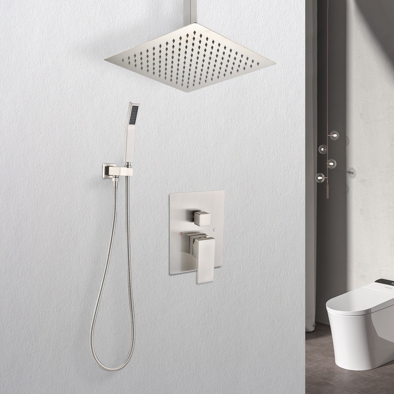 Ceiling Mounted Shower System Combo Set With Handheld And 10"Shower Head Brushed Nickel Bathroom Brass