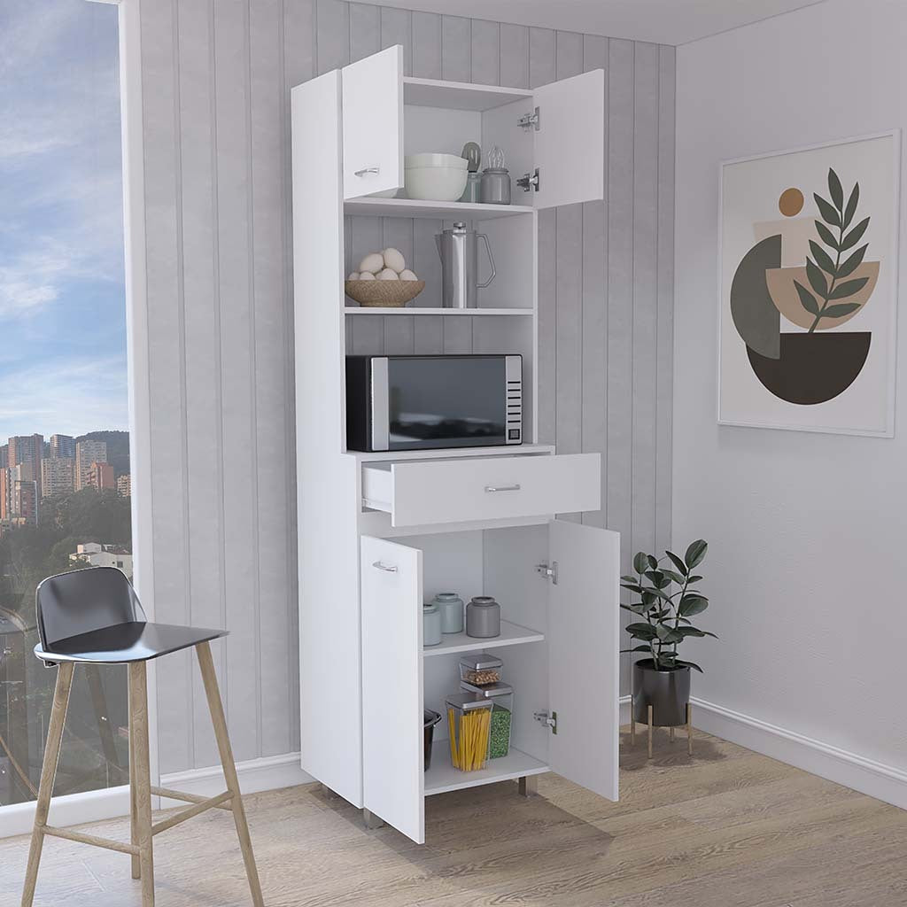 Caribe Microwave Cabinet, Four Legs, One Drawer, Double Door, One Shelf White Freestanding 3 4 Shelves White Kitchen Particle Board Particle Board