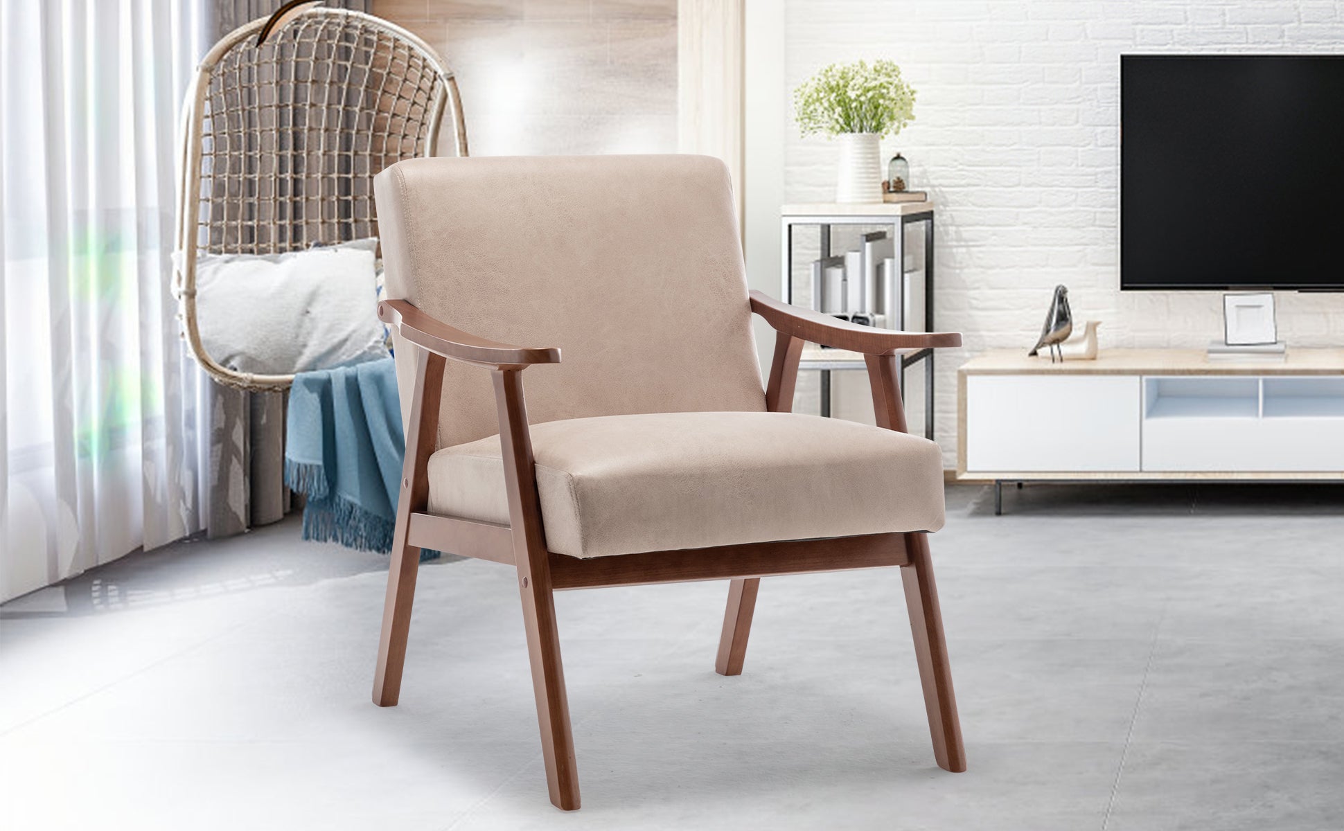 Mid Century Modern Chair, Living Room Chair With Solid Wood Frame, Accent Chair Extra Thick Backrest, Wingback Chair For Bedroom, Reading Room, Living Room, Lounge Chair Indoor Light Camel Primary Living Space Mid Century Modern Foam Fabric