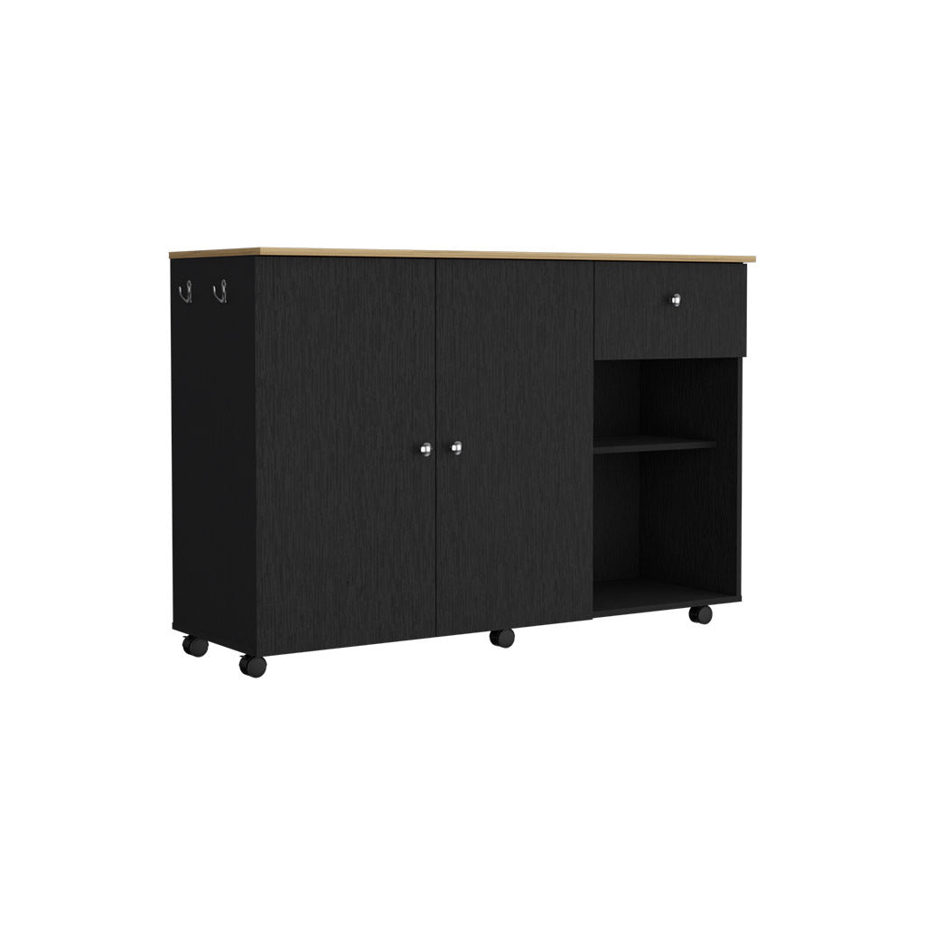 Kitchen Island Cart Victoria, Four Interior Shelves, Six Carters, One Drawer, Double Door Cabinet Black Black Modern Rectangular Stationary Kitchen Islands Particle Board Particle Board Medium 40 55In