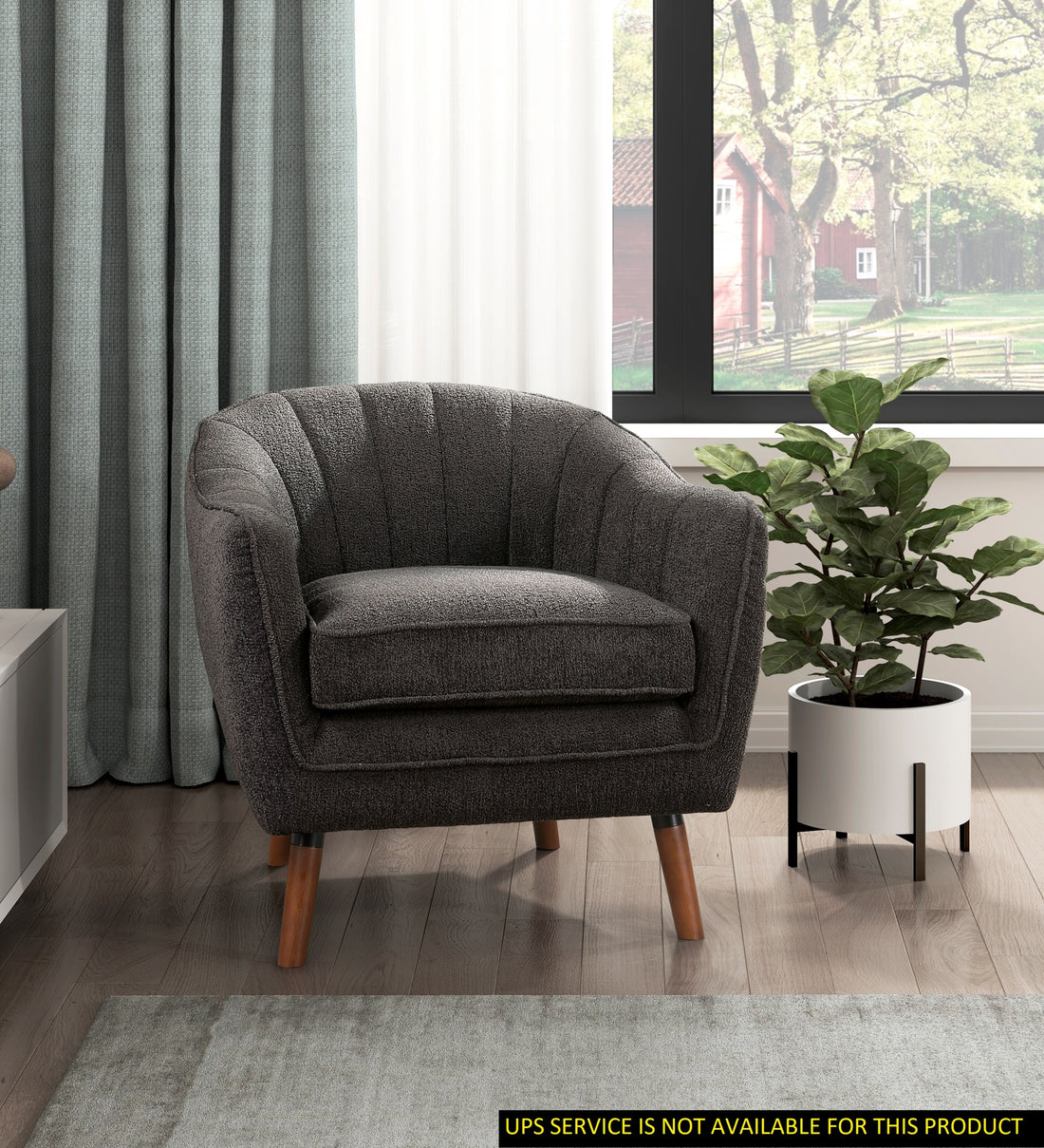 Mid Century Modern Accent Chair 1Pc Charcoal Hued Chenille Fabric Upholstered Channel Stitched Back Brown Legs Solid Wood Furniture Charcoal Primary Living Space Mid Century Modern Solid Wood