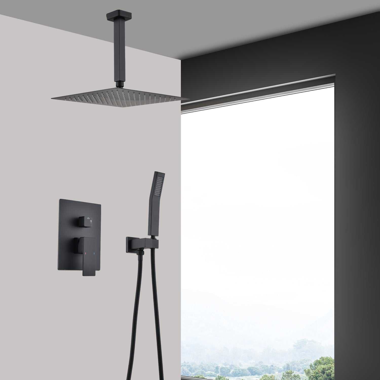 Ceiling Mounted Shower System Combo Set With Handheld And 10"Shower Head Matte Black Bathroom Brass