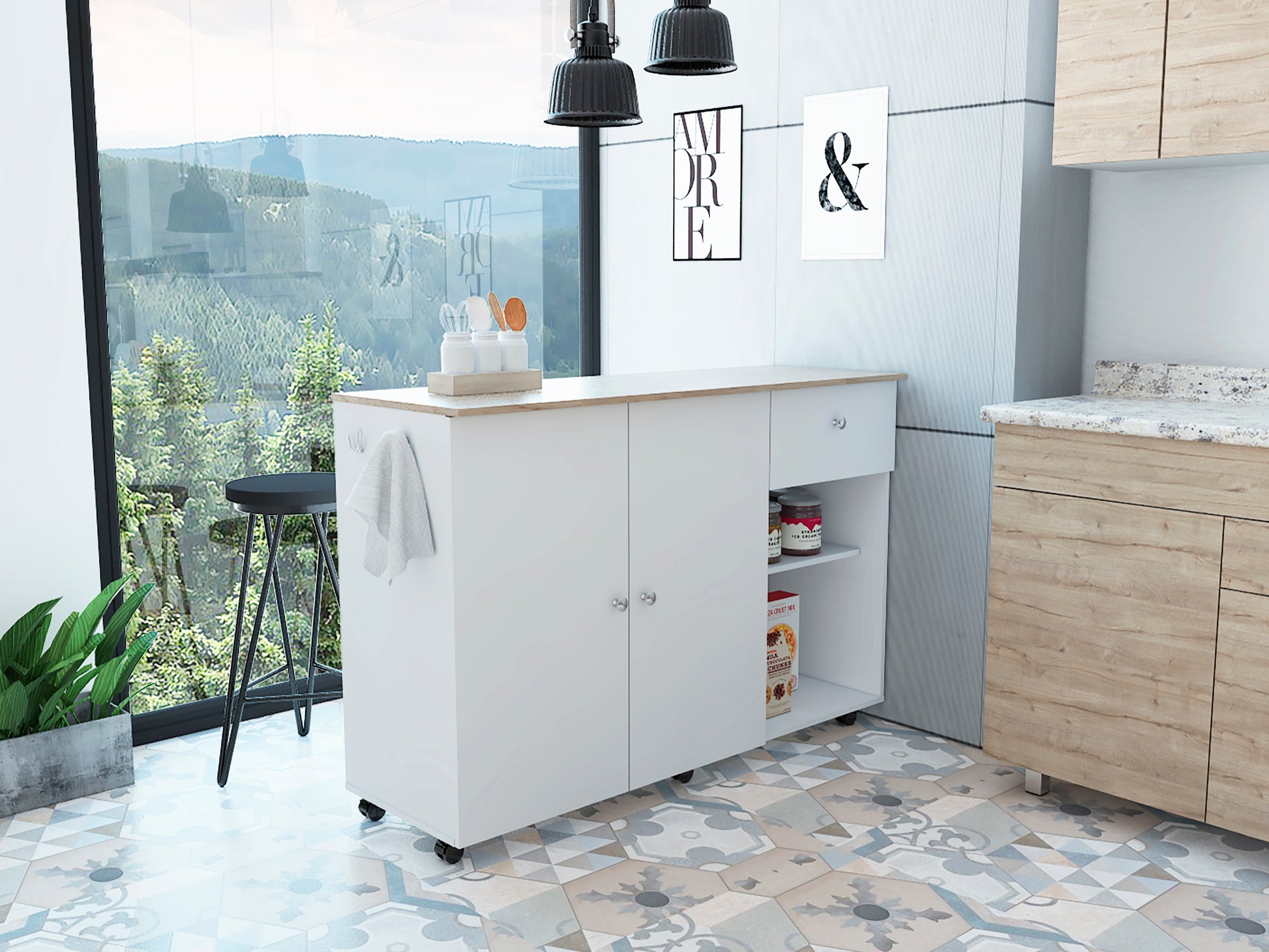 Kitchen Island Cart Victoria, Four Interior Shelves, Six Carters, One Drawer, Double Door Cabinet White Light Oak Multicolor Particle Board Particle Board