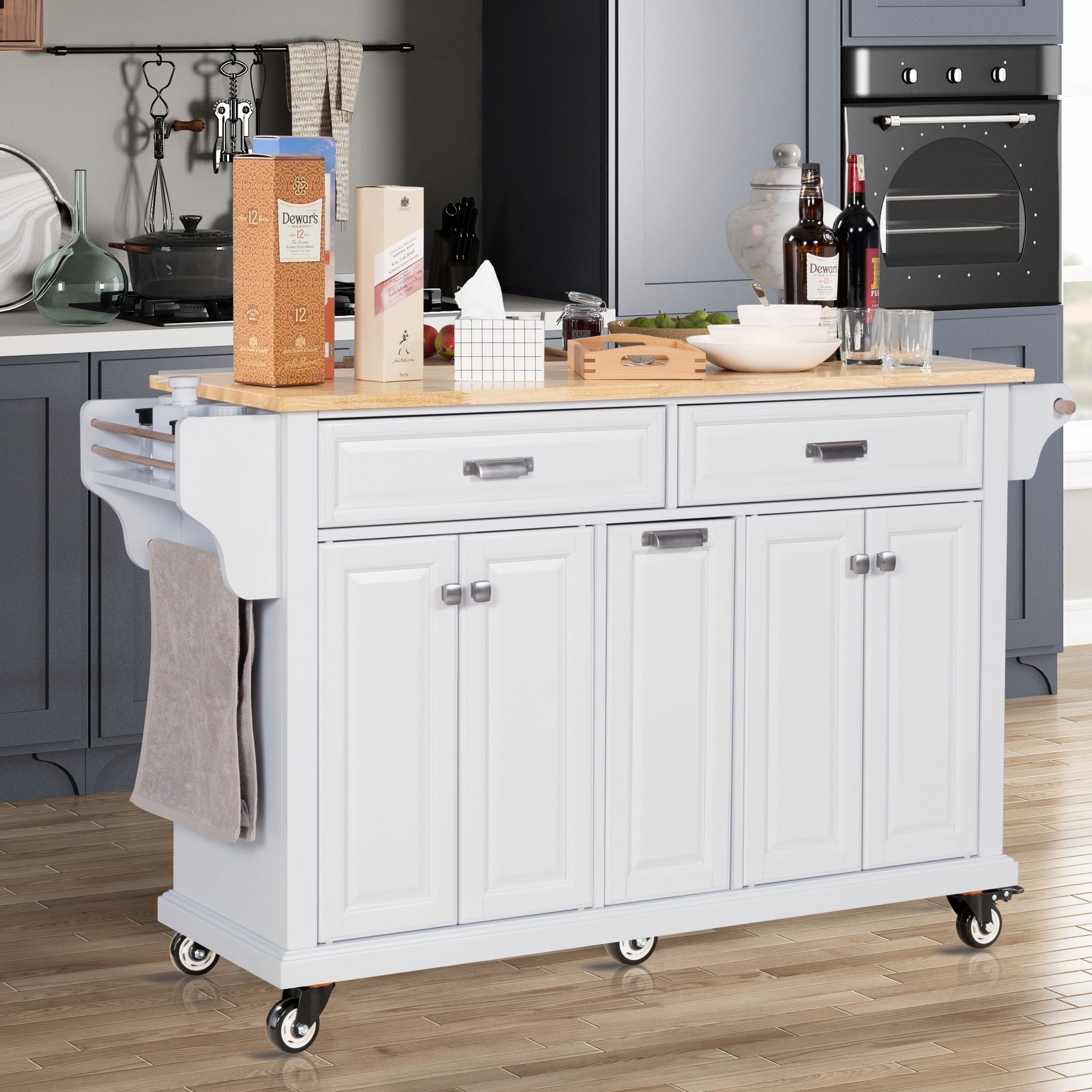 Kitchen Island With Rubber Wood Countertop, Kitchen Cart On 5 Wheels With Storage Cabinet And 2 Top Drawers And A Center Double Layered Storage Drawer For Dinning Room, White White Dining Room Rectangular Rubberwood Solid Wood Mdf Large 56 In