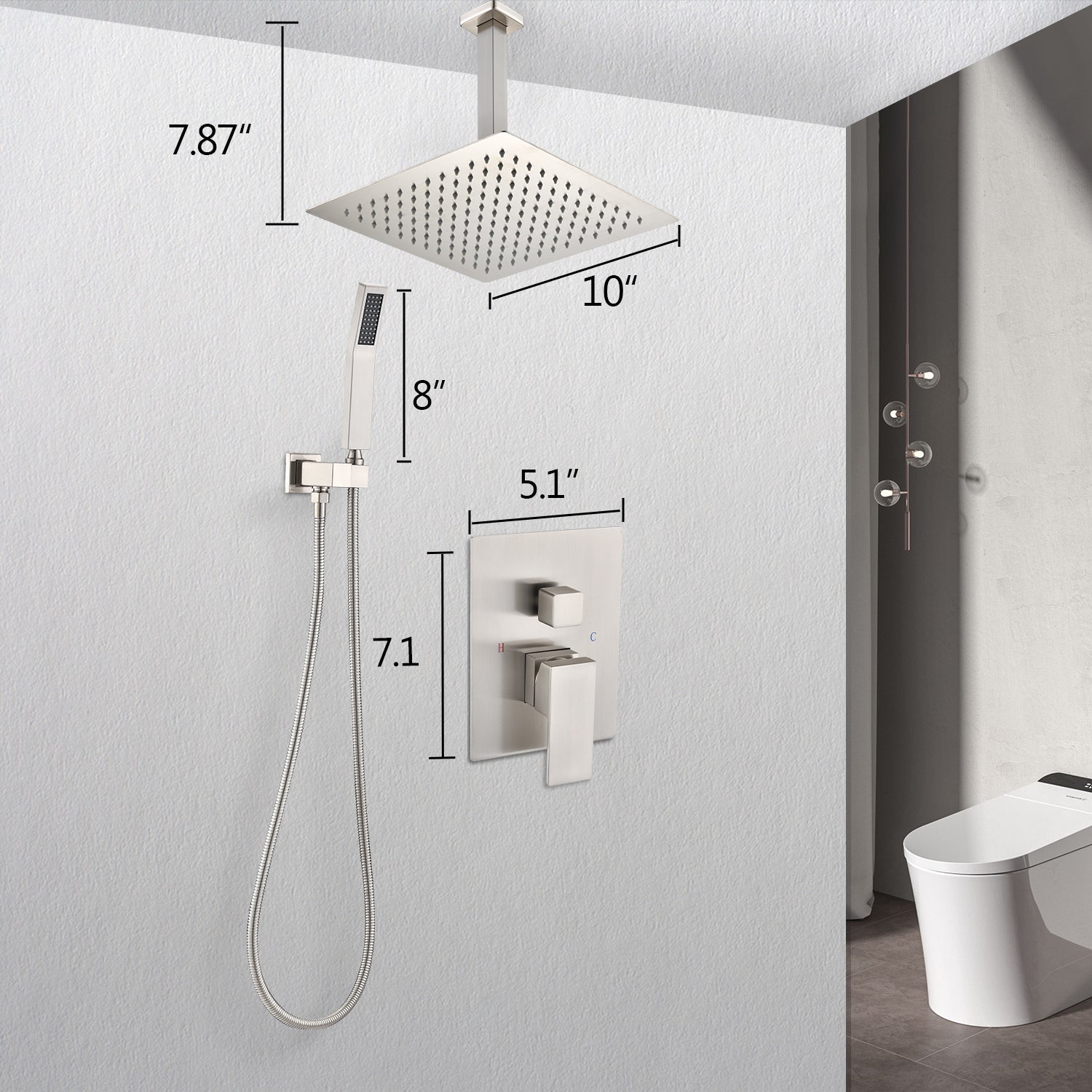 Ceiling Mounted Shower System Combo Set With Handheld And 10"Shower Head Brushed Nickel Bathroom Brass