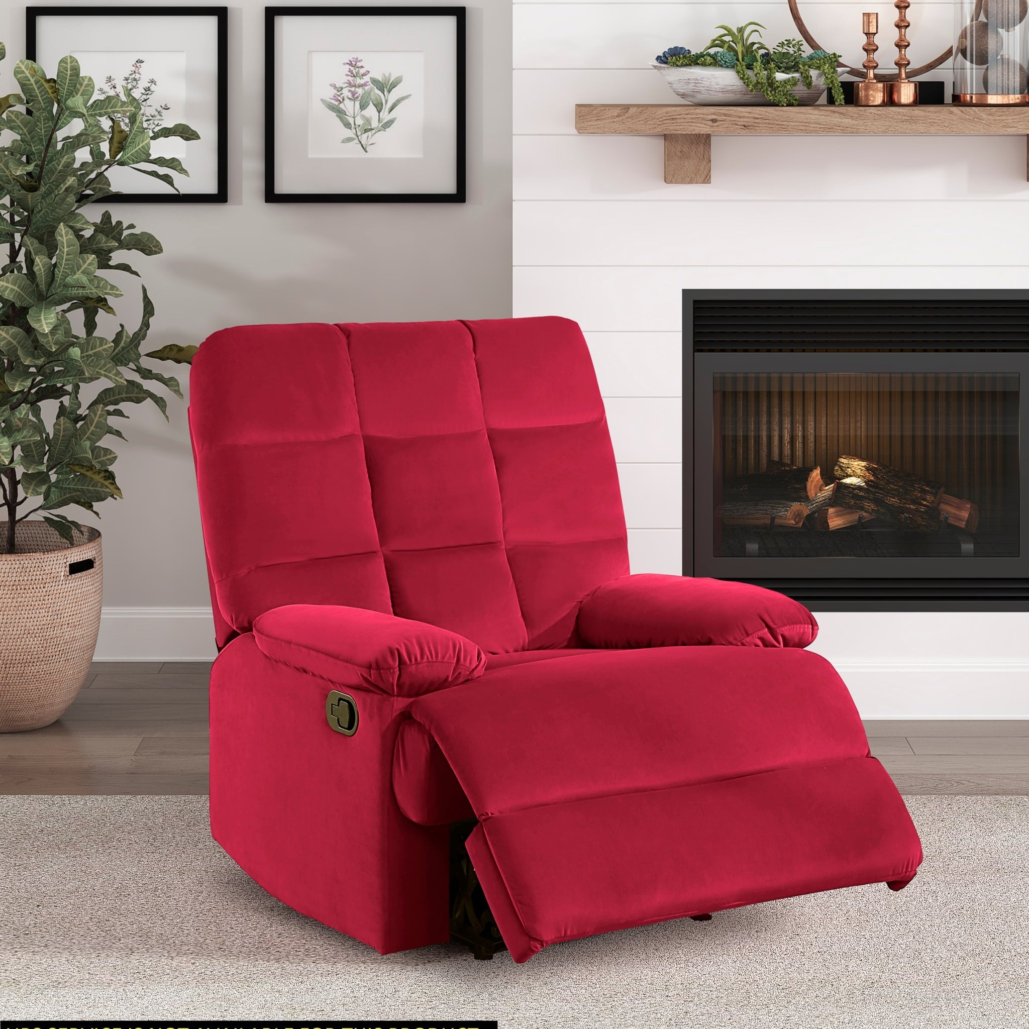 Reclining Chair Red Velvet Upholstery Square Tufted Back Pillowtop Arms Solid Wood Furniture Modern Living Room Recliner 1Pc Red Velvet Wood Primary Living Space Cushion Back Modern Pillow Top Arms Velvet