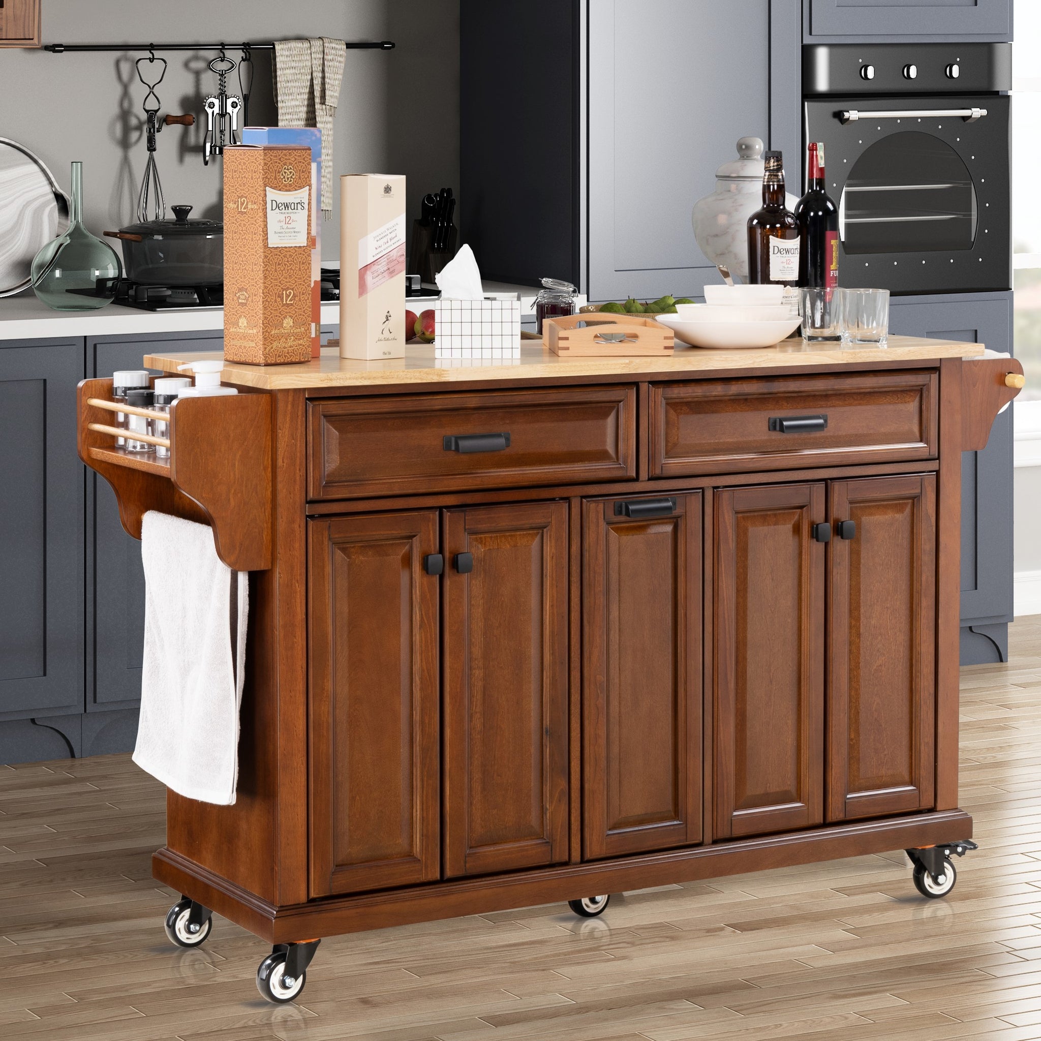 Kitchen Island With Rubber Wood Countertop, Kitchen Cart On 5 Wheels With Storage Cabinet And 2 Top Drawers And A Center Double Layered Storage Drawer For Dinning Room, Mahogany Mahogany Dining Room Rectangular Rubberwood Solid Wood Mdf Large 56 In