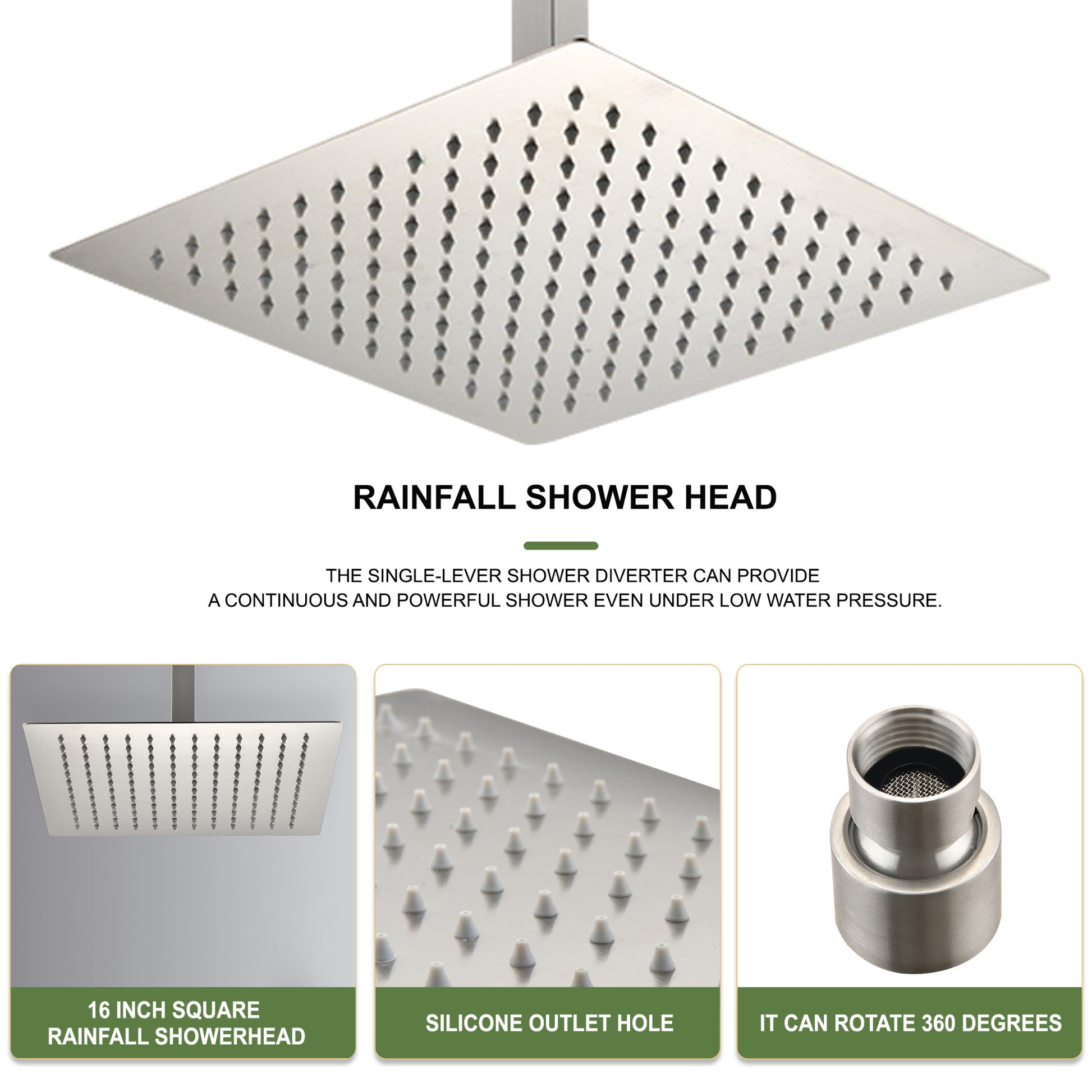 Rain Shower Head High Pressure Rainfall Showerhead Water Saving Brushed Nickel Bathroom Stainless Steel