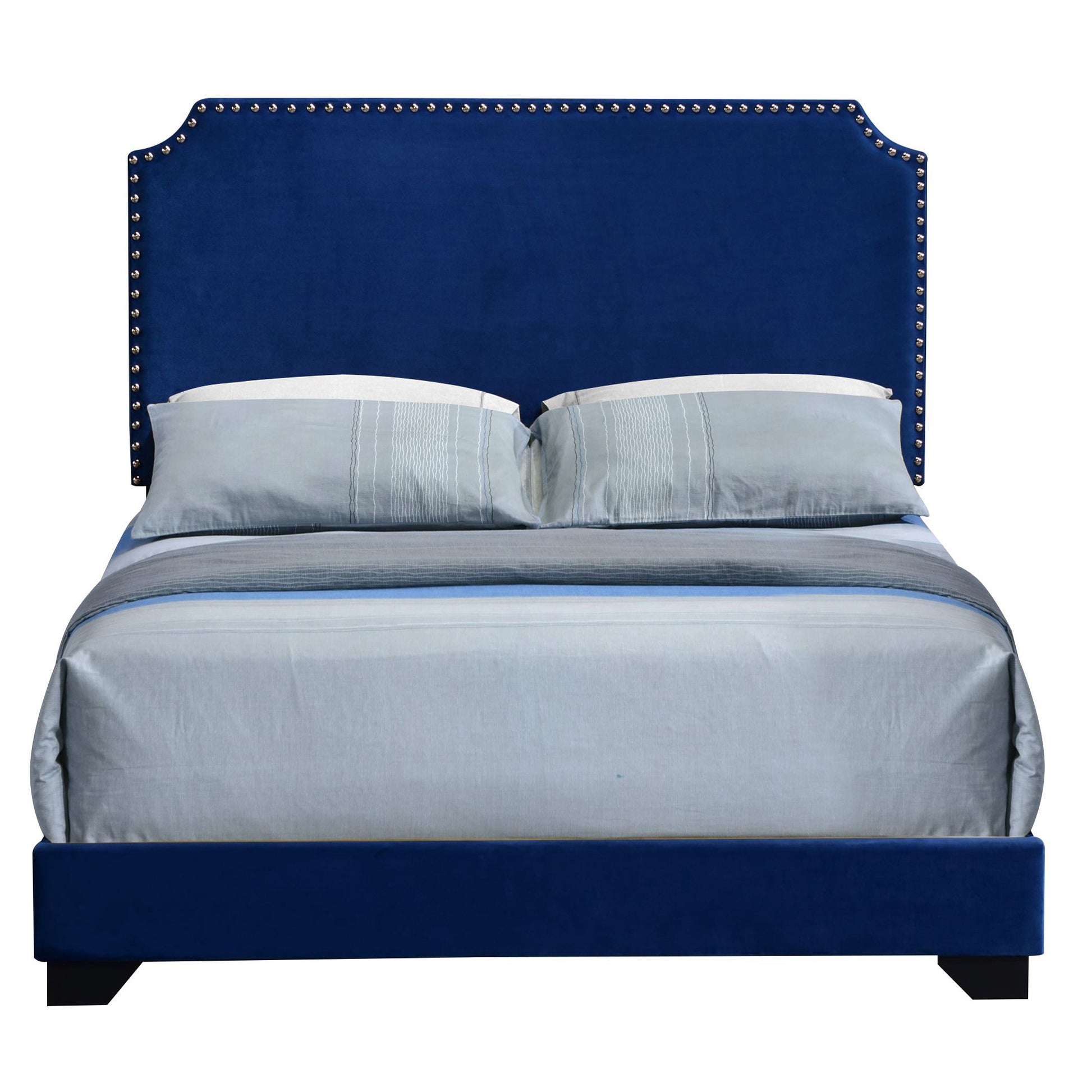 Blue Queen Panel Bed With Scooped Headboard Box Spring Required Queen Blue Wood Bedroom Panel Velvet Velvet